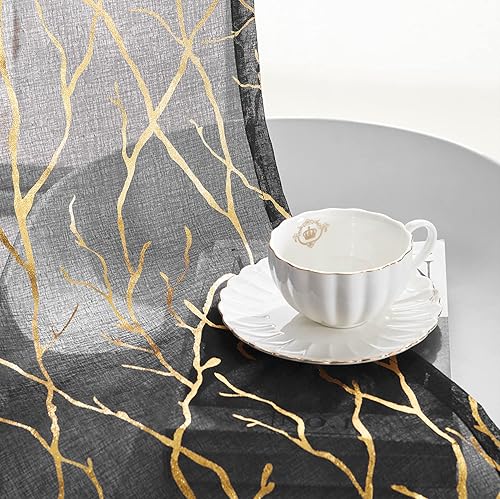 Miniatura 4 de FINECITY Cortinas traslúcidas, diseño botánico de ramas de árbol de aluminio negro y dorado, 52 x 84 pulgadas, juego de 2