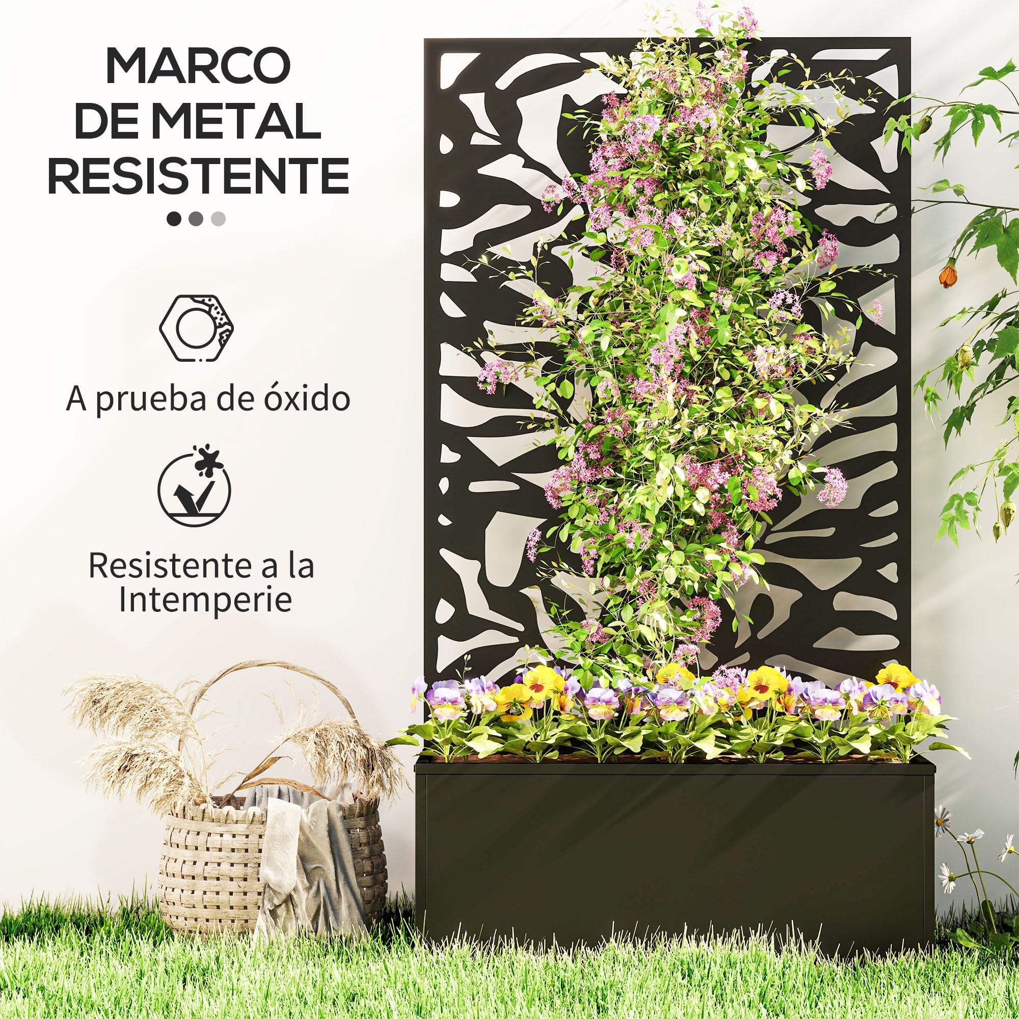 Outsunny Jardinera Exterior Grande de Metal Jardinera con Pantalla de Privacidad de Hojas Sólidas Decorativas Jardinera de Pared o Independiente para Patio Terraza 61x23x113 cm Negro