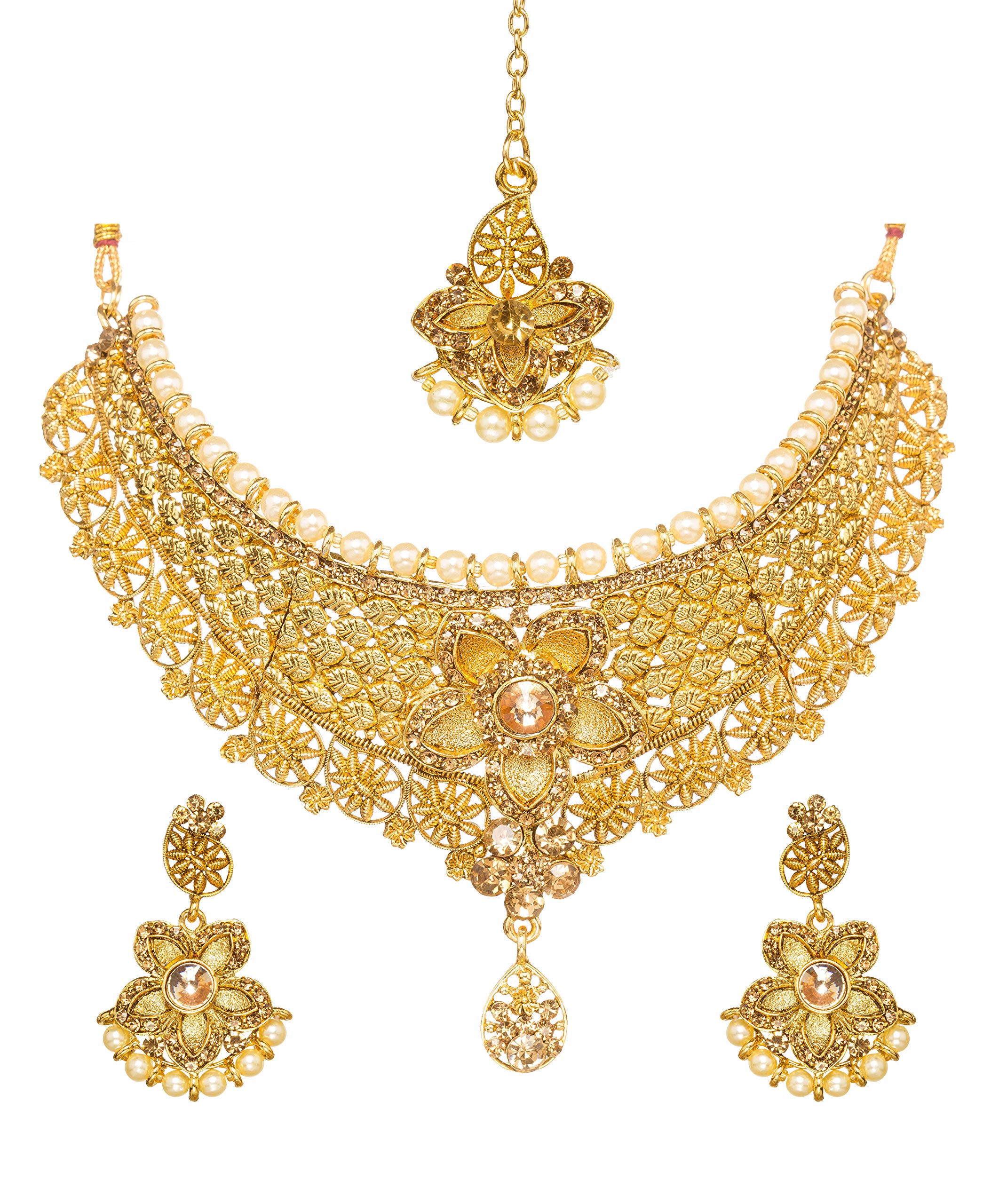 Gold-Toned Indian Choker, Earrings & Maang Tikka Set For Women