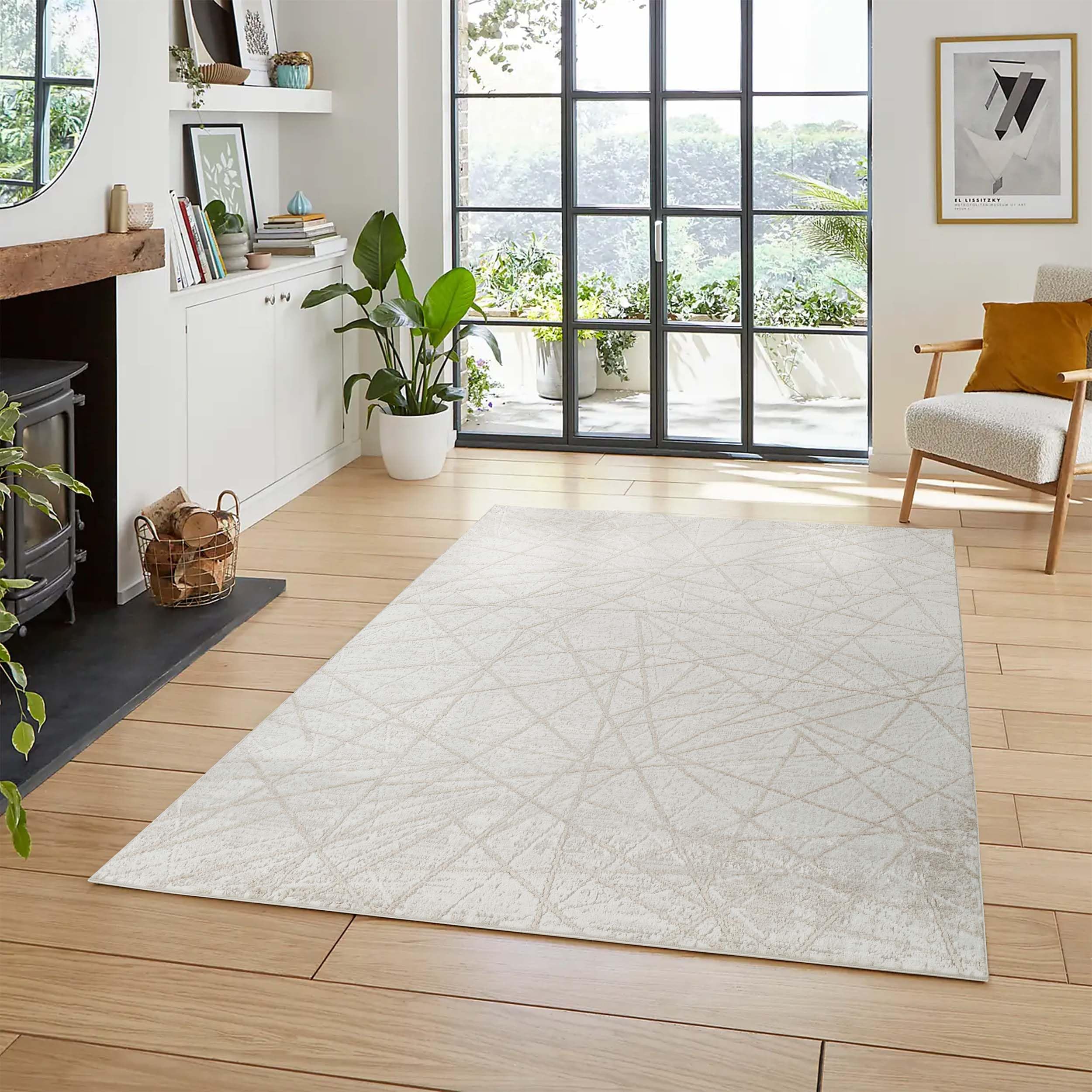 Perla Metallic Abstract Modern Living Room Area Rug, Beige, 200x290cm