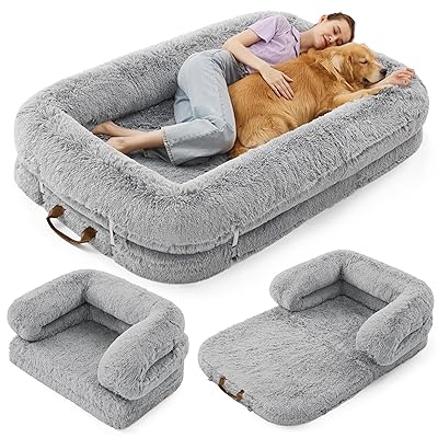 LE SURE Foldable Human Dog Bed - 3 in 1 Flexible Giant Human Dog Bed for Adult People with Supportive Bolster Egg Foam, Waterproof Liner, Calming Fluffy Faux Fur Orthopedic Big Bean Bed, Soft Grey