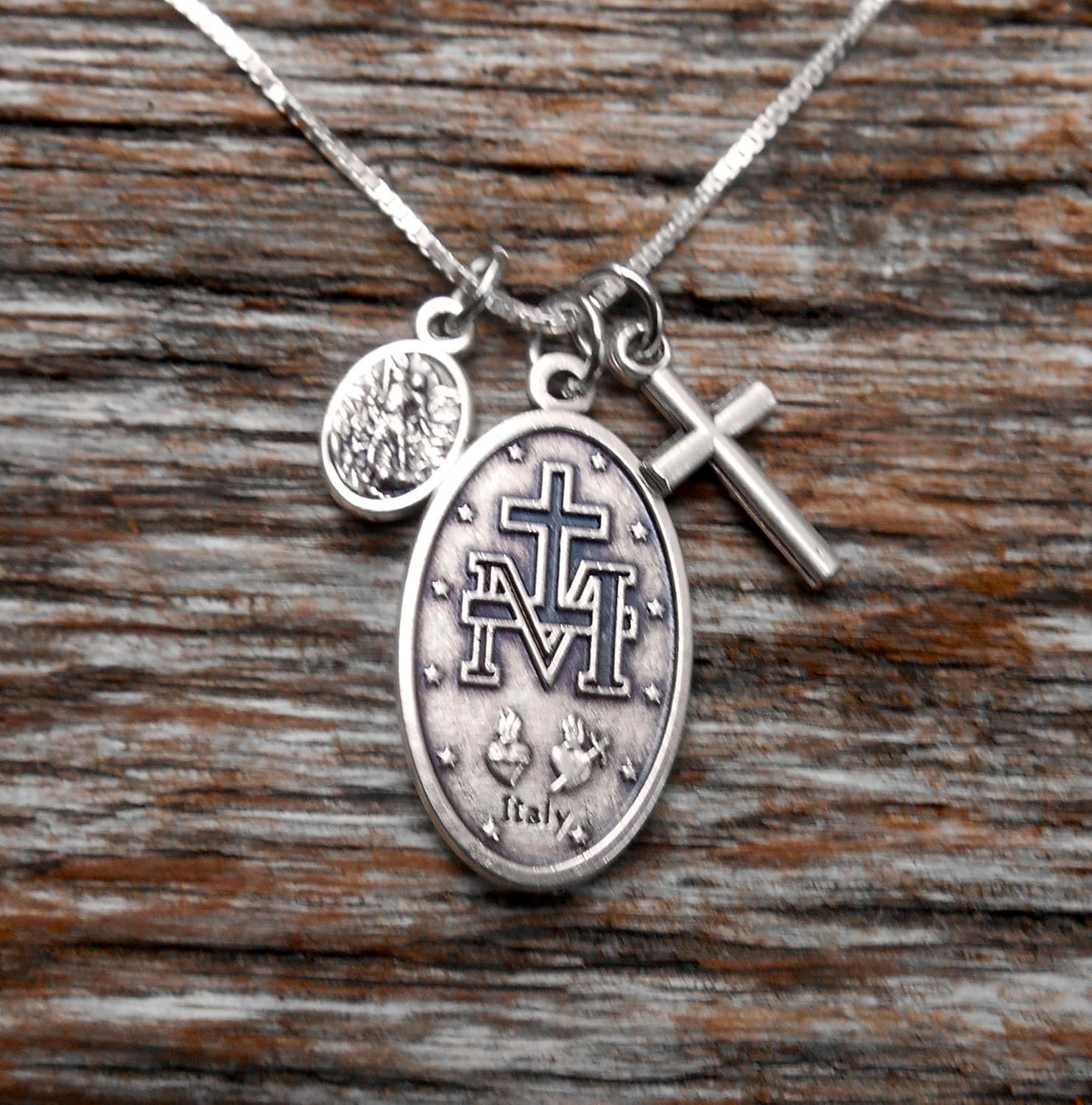 Dark Blue Enamel Miraculous Medal Necklace, Virgin Mary Miraculous Medal, 18" Sterling Silver Box Chain, Alloy Medals, Virgin Mary Medallion, St. Michael/Guardian Angel Charm - Image 7