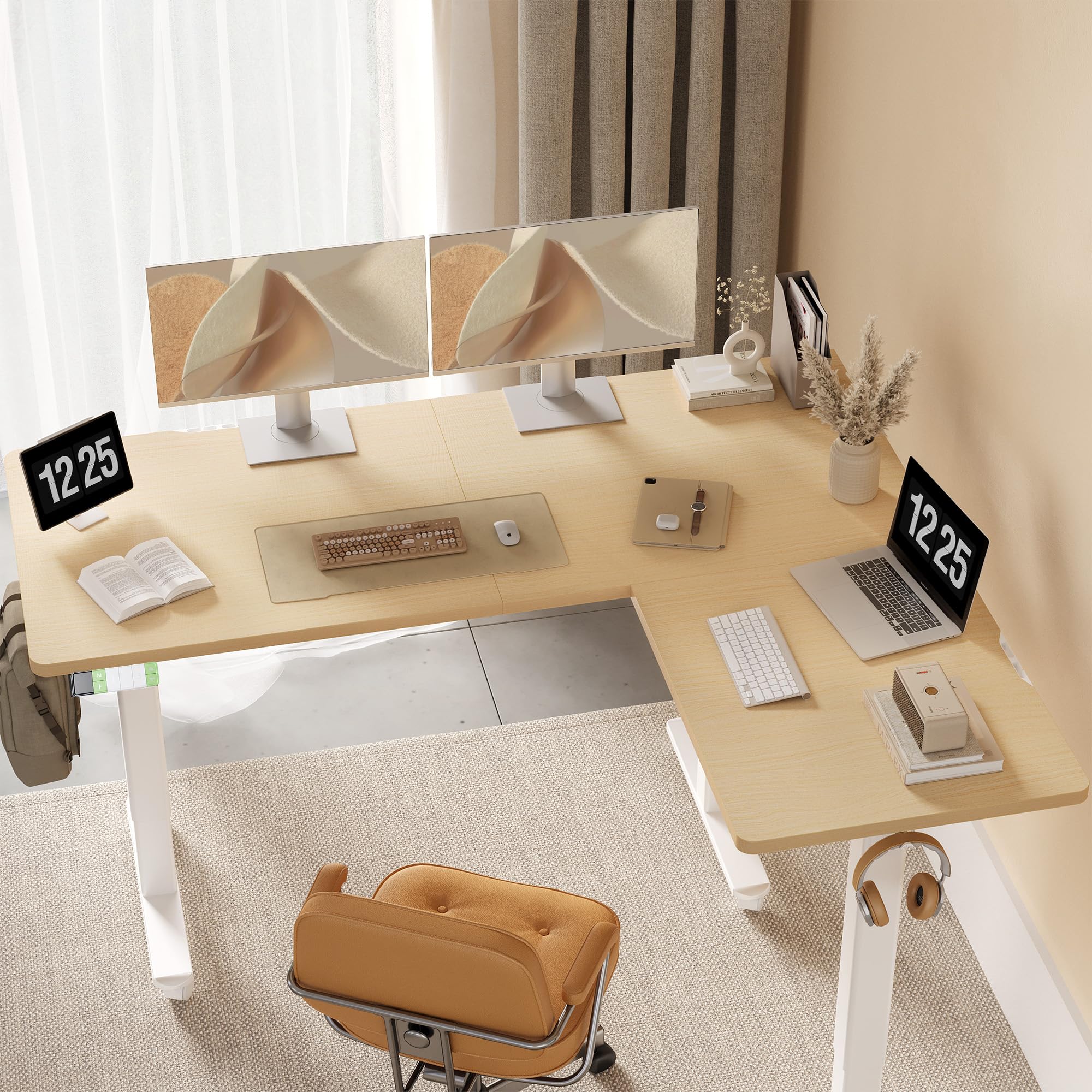 Claiks Bureau d'angle, réglable en Hauteur, 160 x 140 cm, avec Double Moteur, en Forme de L, Bureau réglable en Hauteur sur roulettes, Bureau en Forme de L, Beige