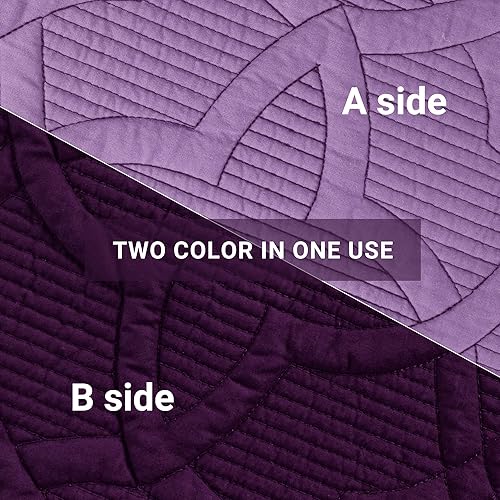 Miniatura 6 de Rosecret Juego de edredones de algodón tamaño King, reversible, color morado oscuro, resistente a las arrugas y a la decoloración, colcha geométrica