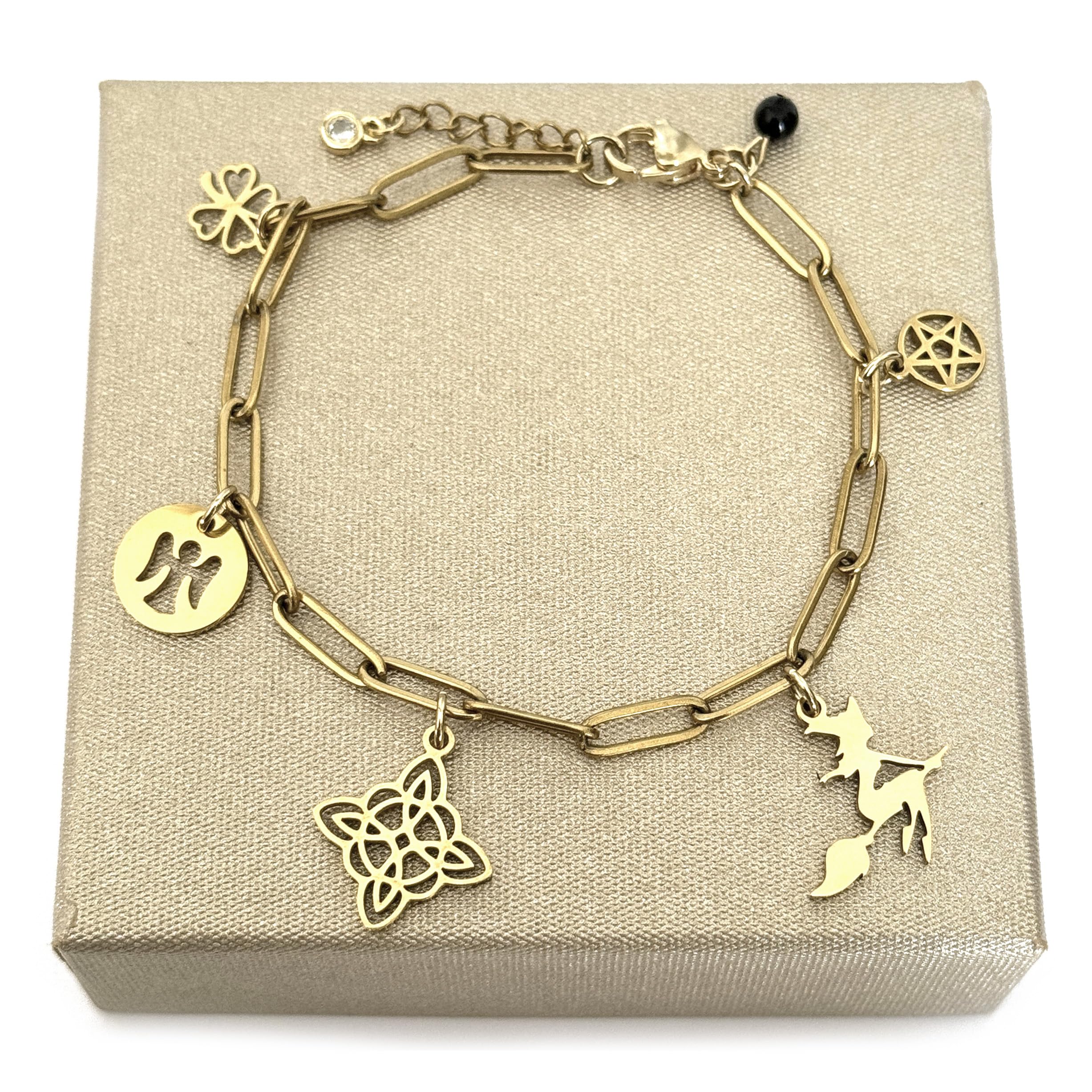 Simboliks Pulsera Protección Malas Energías - Acero Inoxidable Dorado con Ónix - Amuleto Bruja: Nudo de Bruja, Pentáculo, Ángel de la Guarda, Trébol de la Suerte - Contra Mal de Ojo y Hechizos