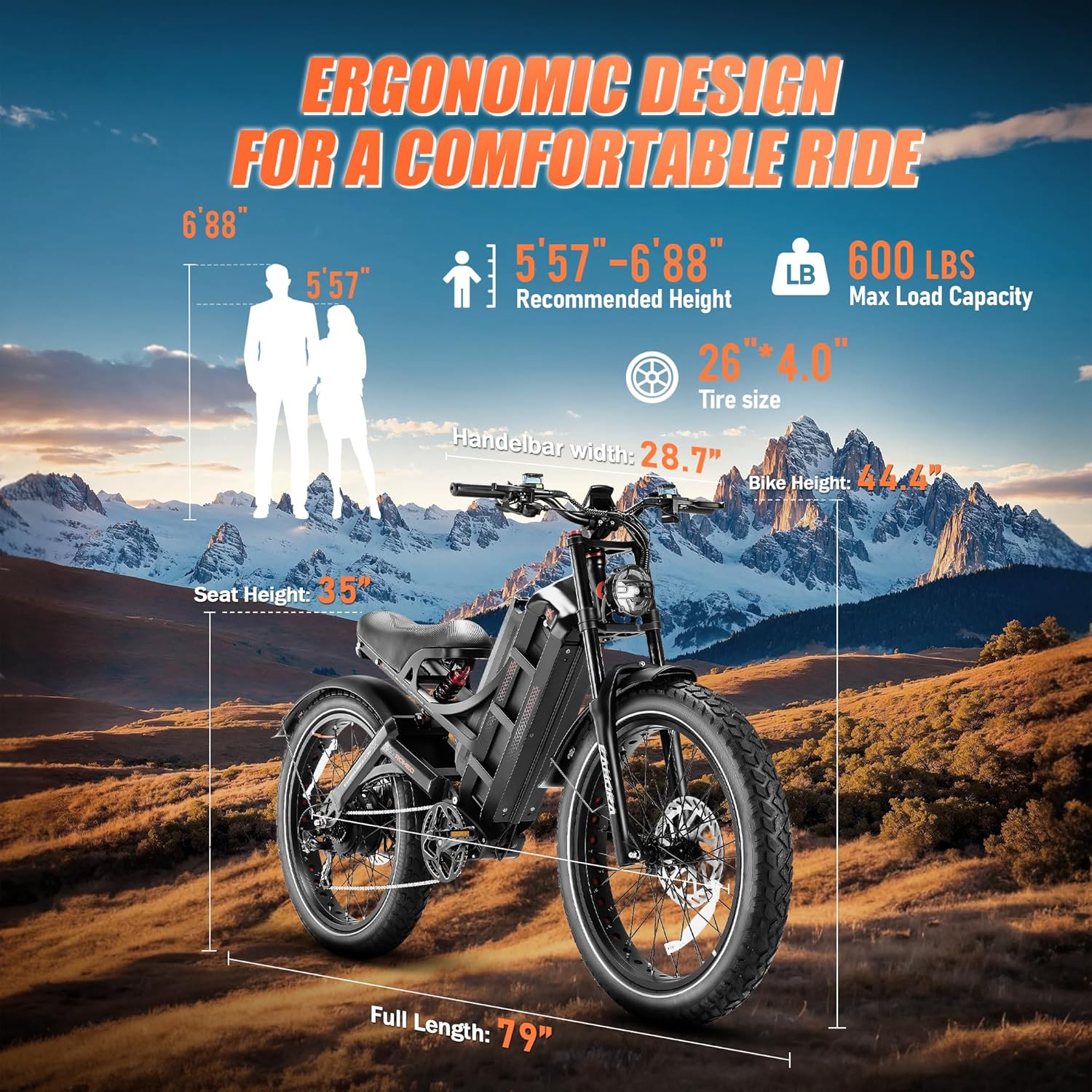 eAhora Romeo Pro/Romeo 2/Romeo Ultra 42 Mph 3000W Electric Bike for Adults 60V 70Ah 100-200Miles Long Range Ebike 26" Fat Tire Full Suspension Electric Bicycle for Delivery and Commuting