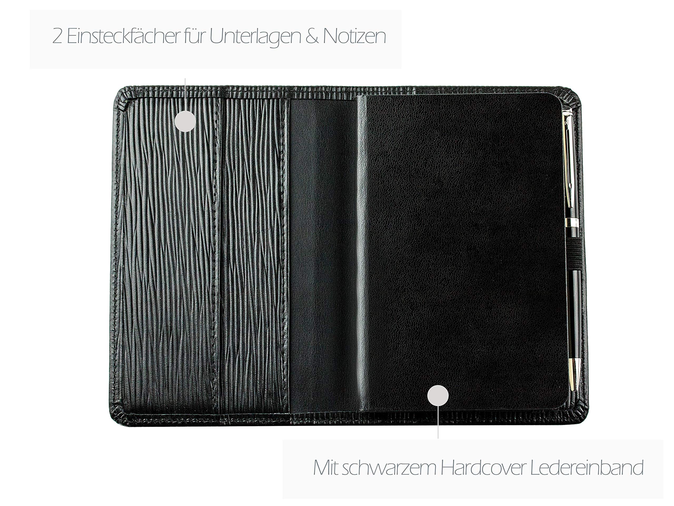 DELMON VARONE - Personalisierbares Taschen Notizbuch Etui DIN A6 Premium Leder Manhattan schwarz unliniert, Blankobuch ohne Linien im Hardcover Einband mit Stiftschlaufe, Einschubfächer und Merkband