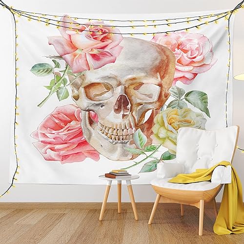 Miniatura 9 de Ambesonne Tapiz de calavera, calavera con rosas vivos y muertos, diseño romántico de cara malvada, para colgar en la pared para dormitorio, sala de