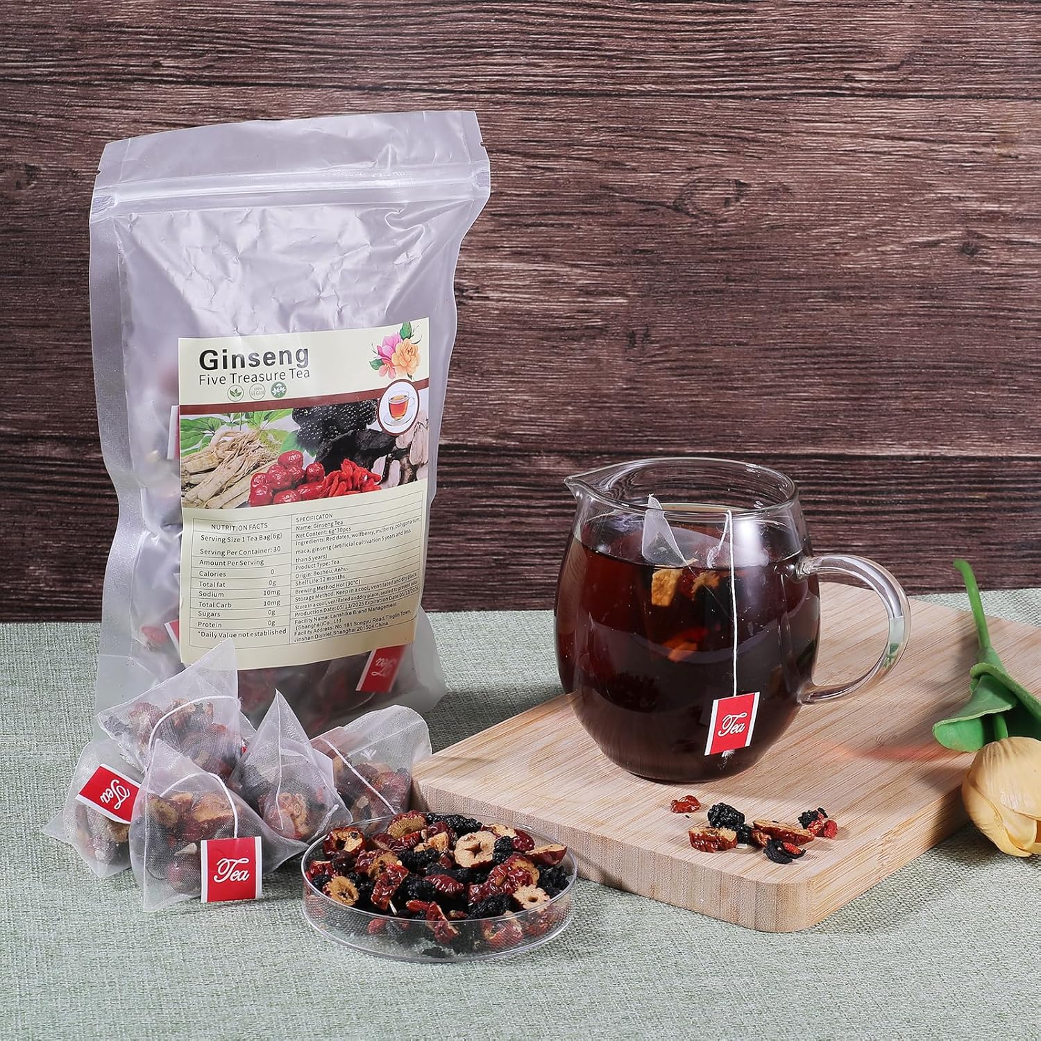 Ginseng Five Treasures Tea, Liver and Kidney Care, Natural Organic Kidney Cleanse Detox Tea for Women & Men, 7 Ingredient Formula (1 Box,30 bags)