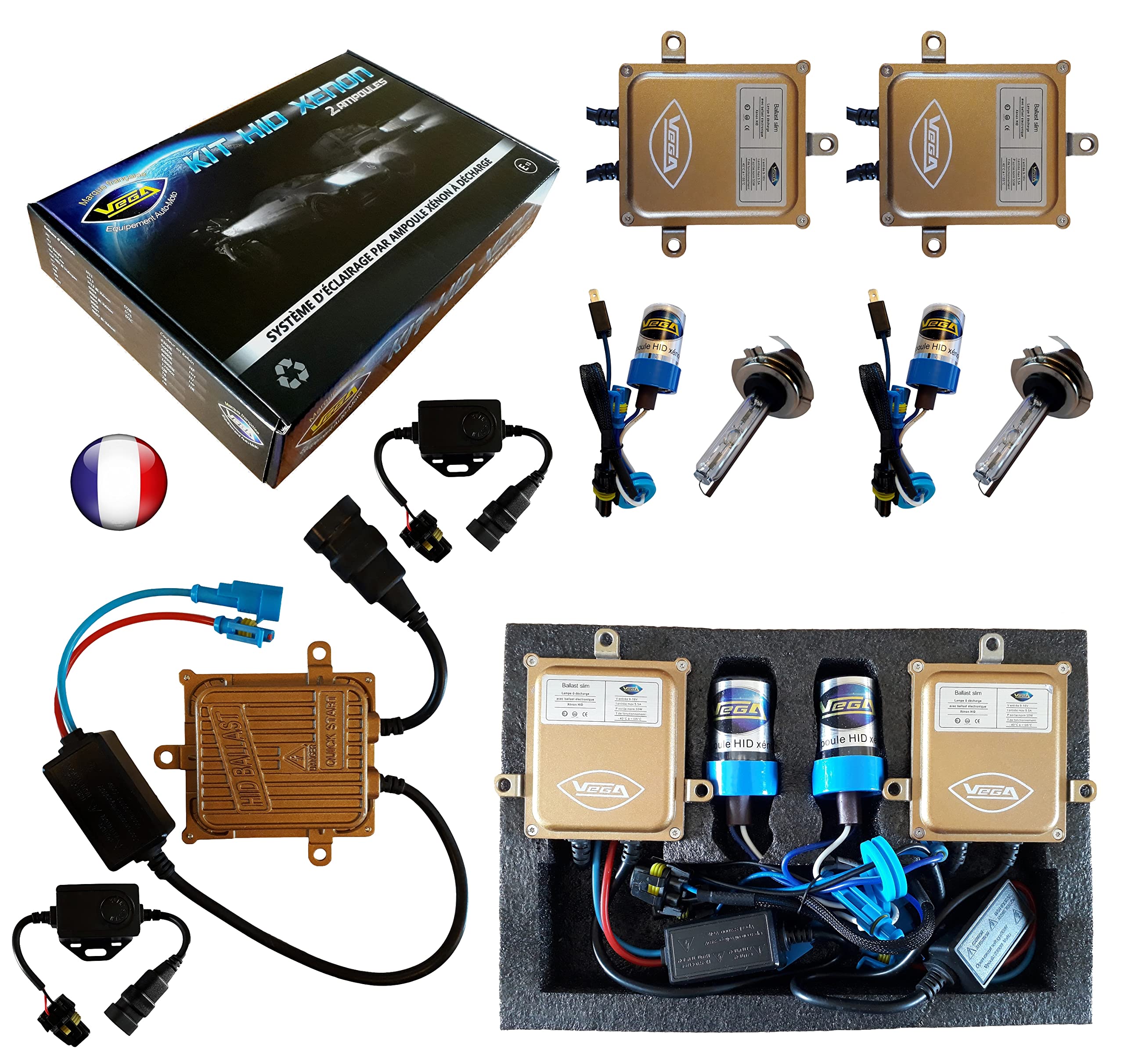 Vega HID Xenon-Set, französische Marke, Vega H7, 5000 K, 55 W, Canbus, fehlerfrei, ODB, 2 Leuchtmittel mit Metallsockel (5000 K)