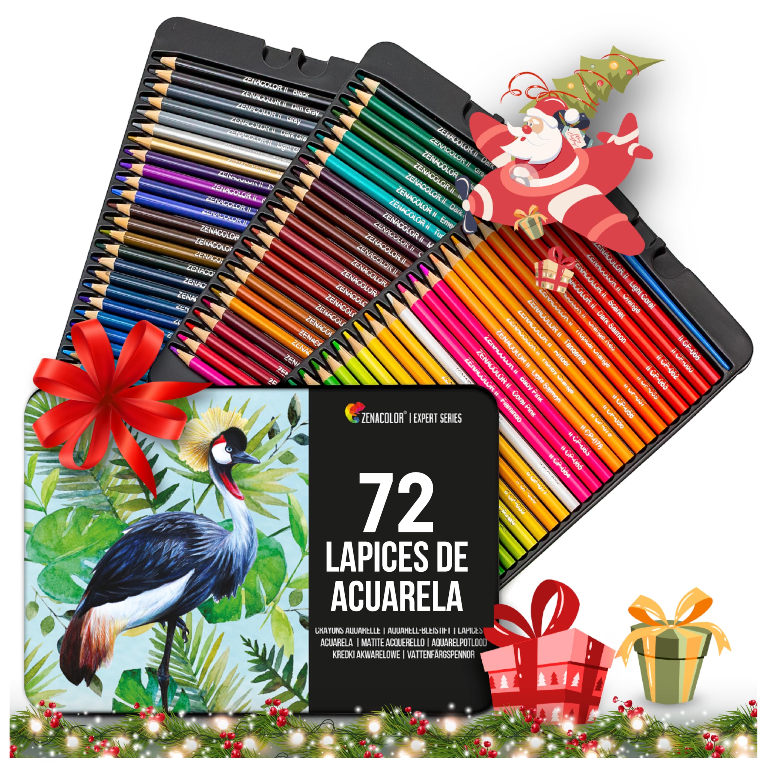 Zenacolor 72 Lapices Acuarelables Pincel y Maletin de Metal Kit de Lápices de Colores - 72 Colores Únicos - Coloreado para Adultos, Niños, Artistas Principiantes y Expertos