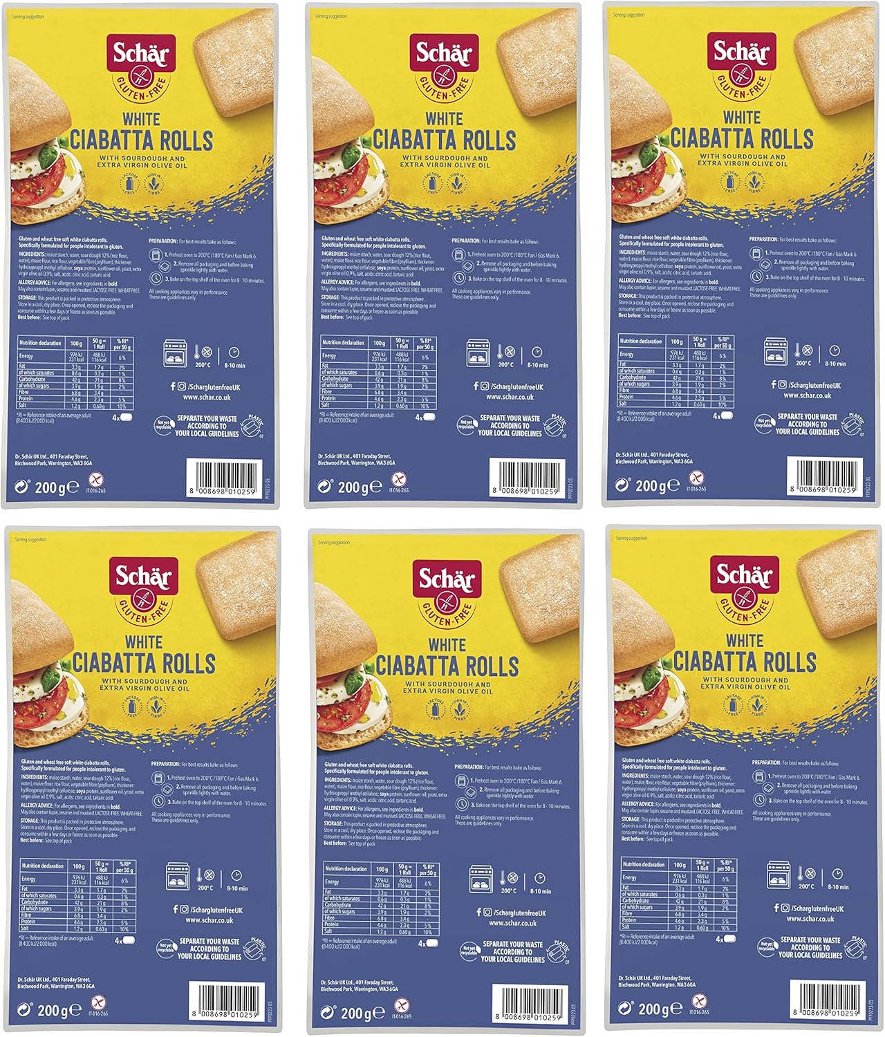 Schär Gluten Free White Ciabatta Rolls - Multipack 6 x 4 Roll Pack
