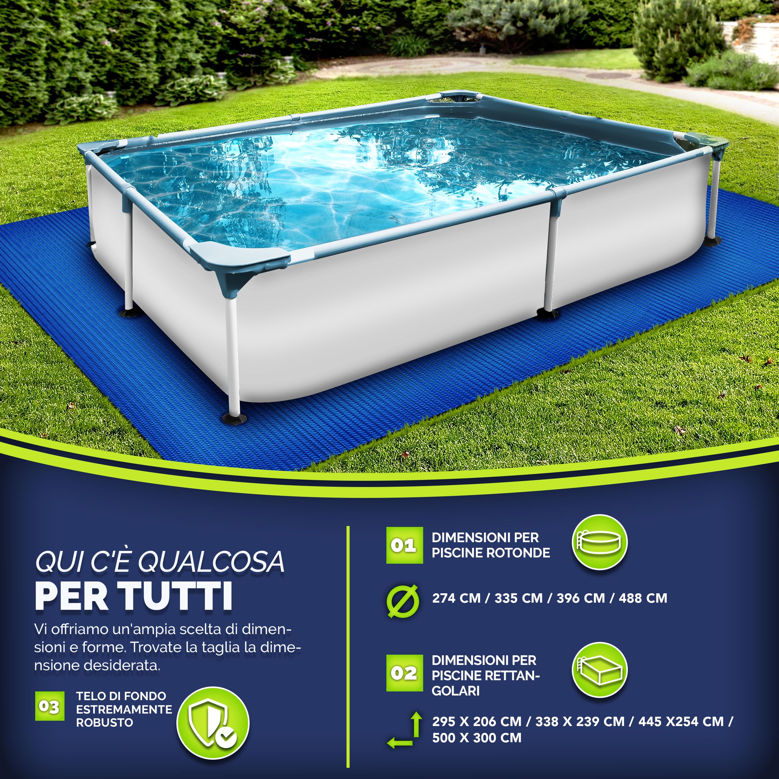 tillvex® Telo di copertura per piscina di alta qualità, 488 x 488 cm, quadrato fino a Ø 457 cm | Telone protettivo per il pavimento, 250 g/m², resistente ai raggi UV, resistente agli strappi