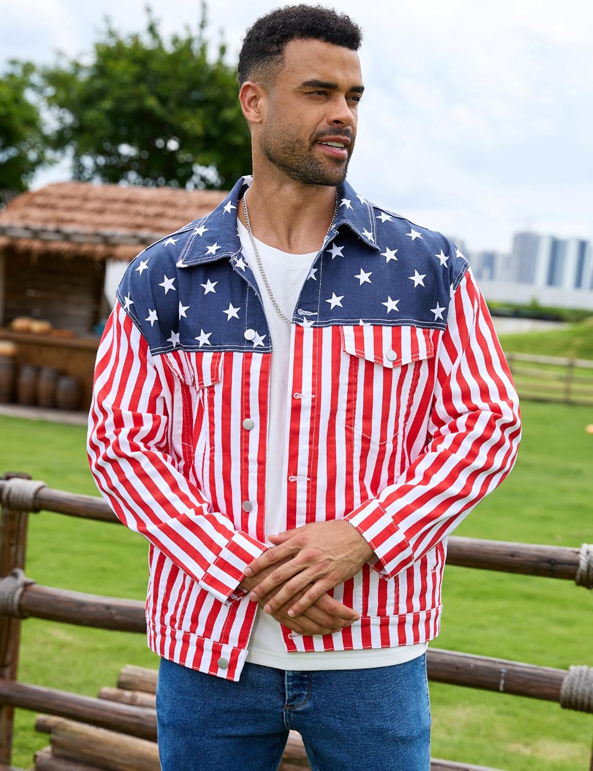 Bindefon Festival Print Jacket for Men Trucker Unlined Coats Button Down Collar Tops