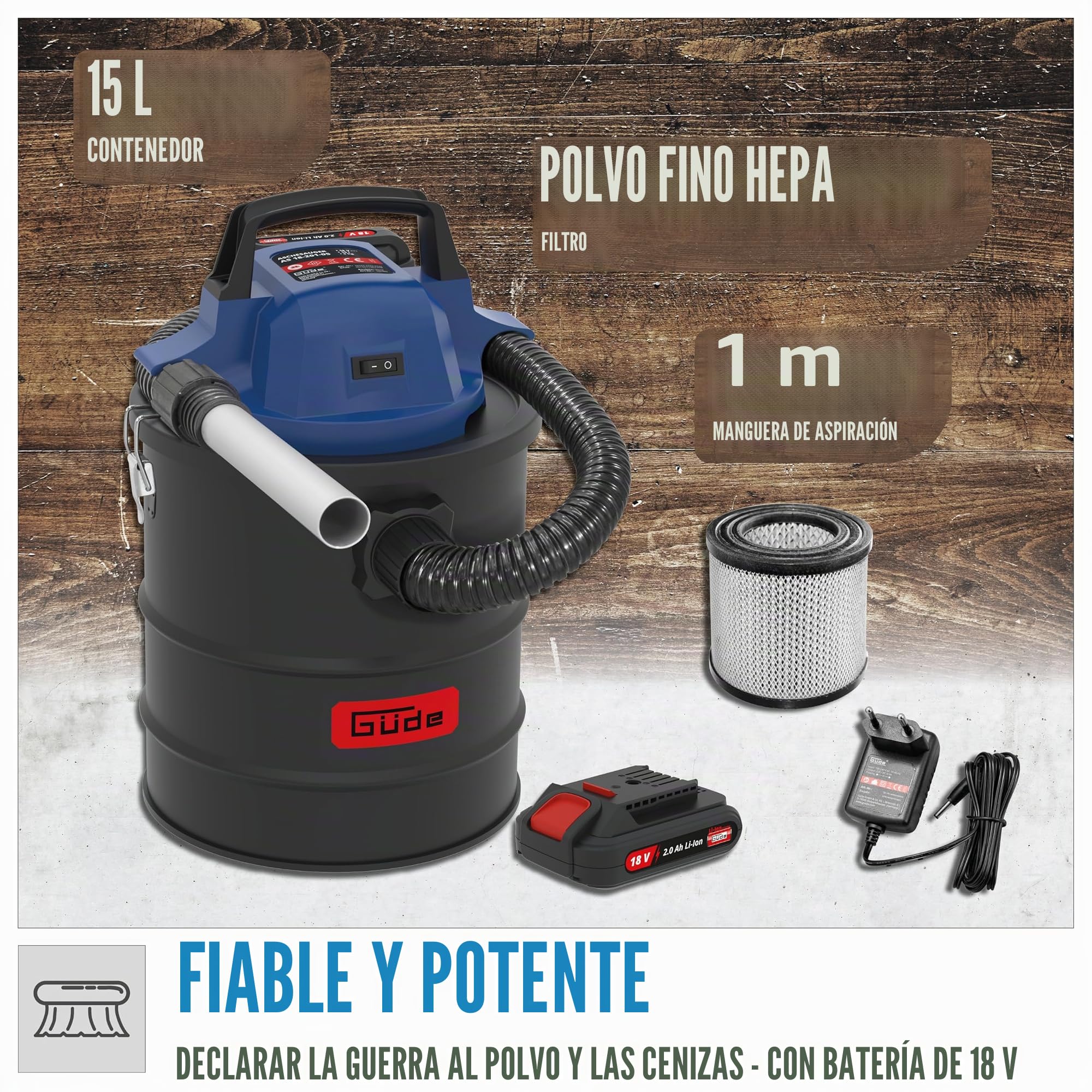 Güde AS 18-201-05 Aspirador de Cenizas inalámbrico, Negro/Azul