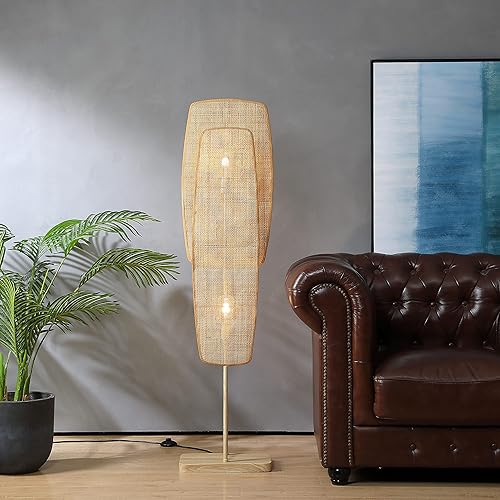 Miniatura 4 de Amud - Lámpara de pie, 2 luces con paneles de mimbre de bambú, acabado de madera, color beige