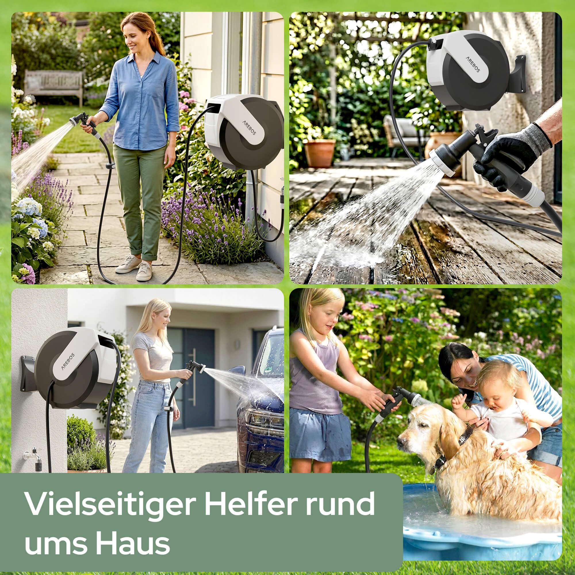 Arebos Schlauchtrommel Schlauchrolle Gartenschlauchaufroller 35 m | Wandschlauchbox automatisch | Wandmontage 180° schwenkbar | Stop-Funktion | Handbrause 7 Sprühfunktionen | Mehrschicht-Schlauch