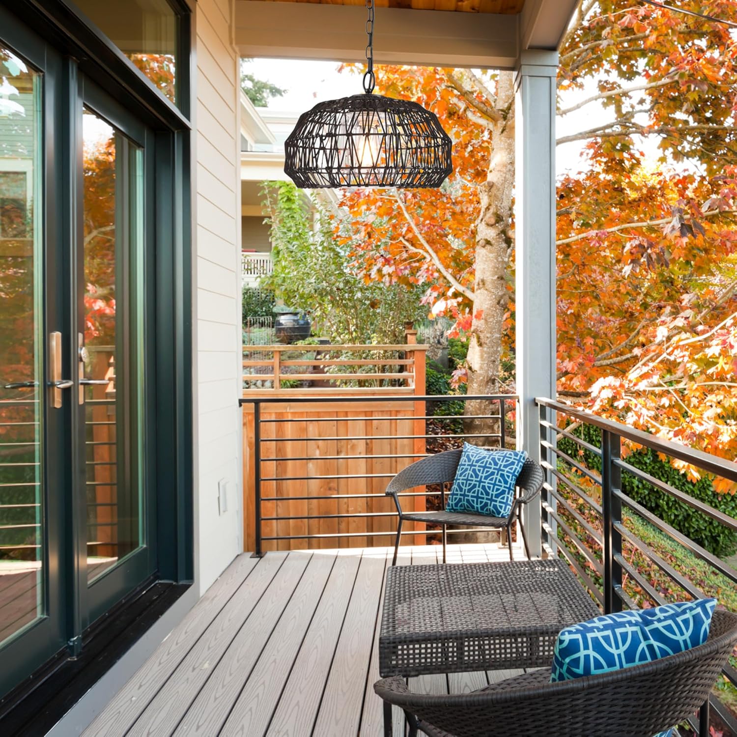 Globe Electric 44759 1-Light Outdoor/Indoor Plug-in Pendant Light, Black Woven Fabric Shade, Matte Black Finish, 20-Foot Designer Cord, Weather Resistant