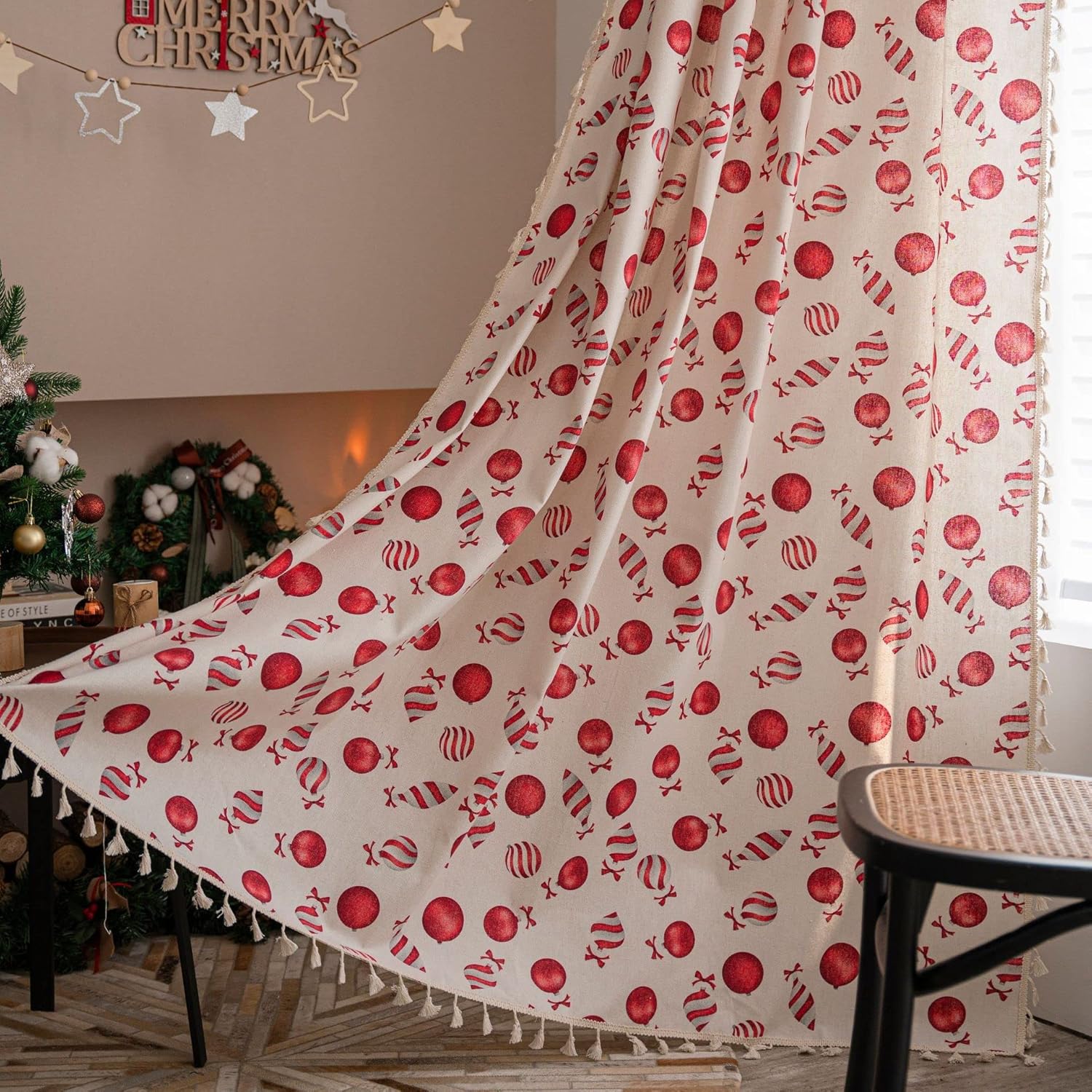 Boho Curtain Red Candy Pattern Cotton Linen Printed Semi Blackout Privacy Drape 1 Panel Light Filtering Rod Pocket Window Treatment with Tassels for Xmas Decor (59" W x 87" L)