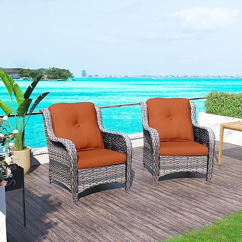 Miniatura 6 de Juego de 2 sillas de mimbre para exteriores, sillas de mimbre de polietileno con cojines de asiento de 4 pulgadas, silla de asiento para jardín,