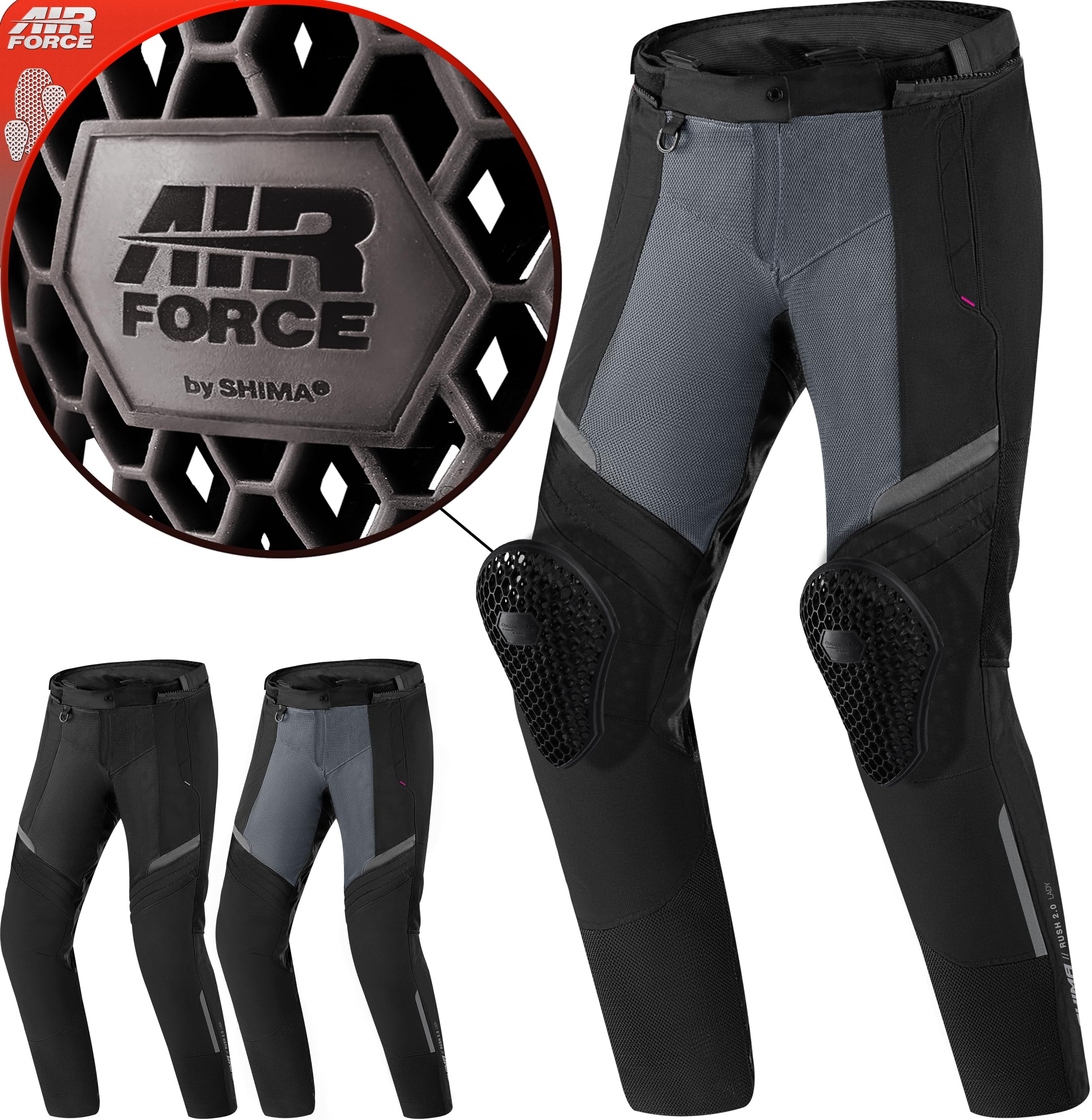 SHIMA RUSH Motorcycle Trousers for Women AIRFORCE Knee Protectors Motorbike Armoured Motorbike Suit Lightweight Protective Ventilated Reinforced Armored Bike (Womens, Trousers Vented, Pink, XS)