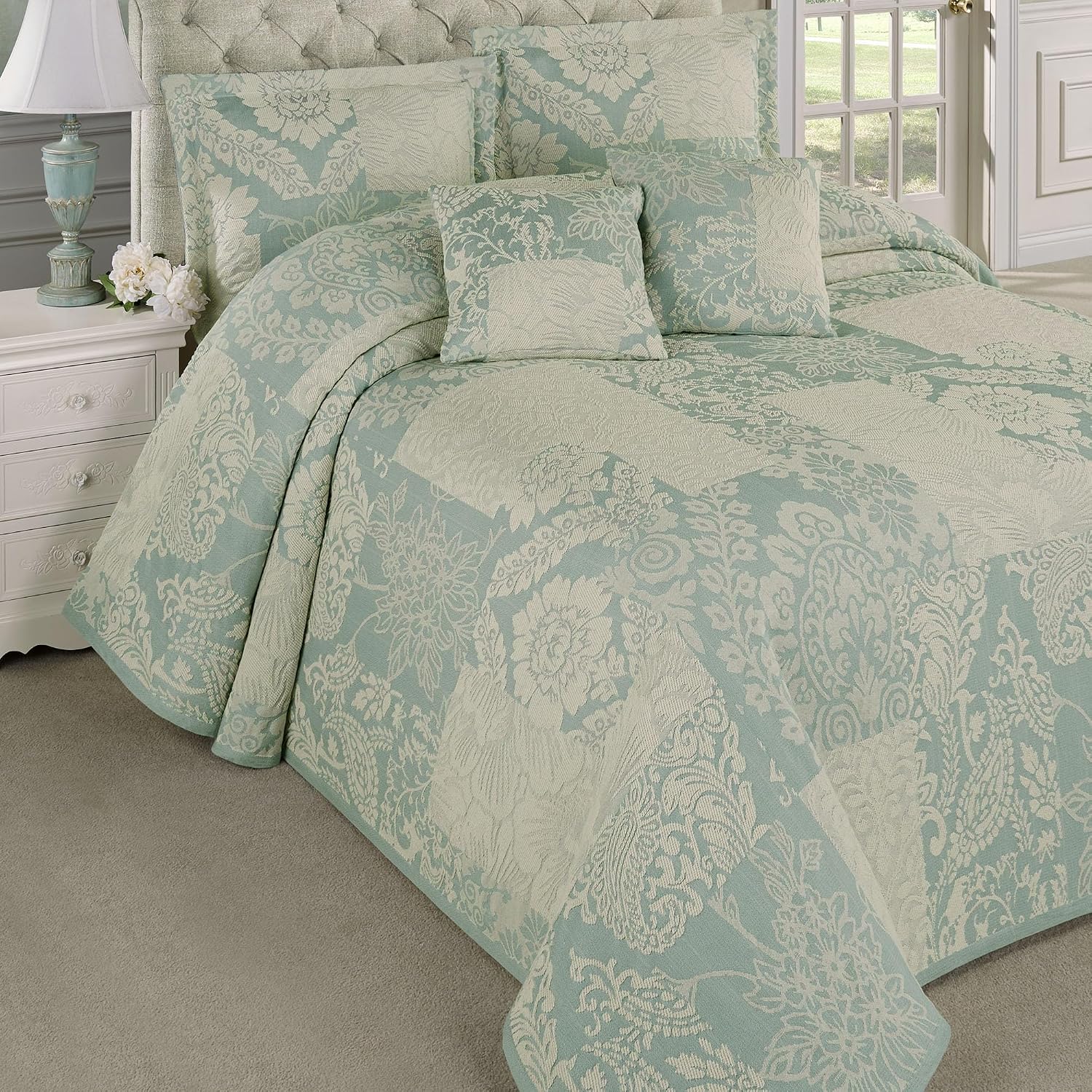 Maisonette Lightweight Bedding | Ivory & Taupe Neutral Hues | Jacquard-Woven Cotton/Polyester Classic Floral & Paisley Blocks | 3 Piece Bed Set: Oversized King Bedspread and 2 King Pillow Shams