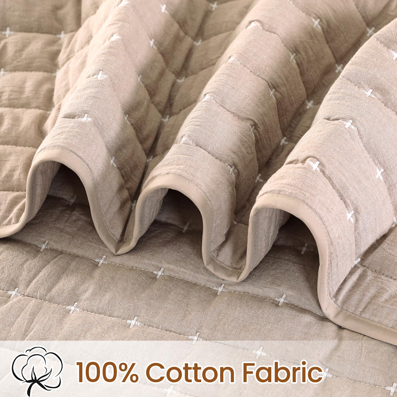 Qucover Colchas Acolchadas Cama 150 Súper Suaves y Cómodas de Algodón Lavado con Patrón Moderno de Punto de Cruz, 3 Piezas Cubrecama de Verano con Fundas de Almohada (Caquí, Cama 150)