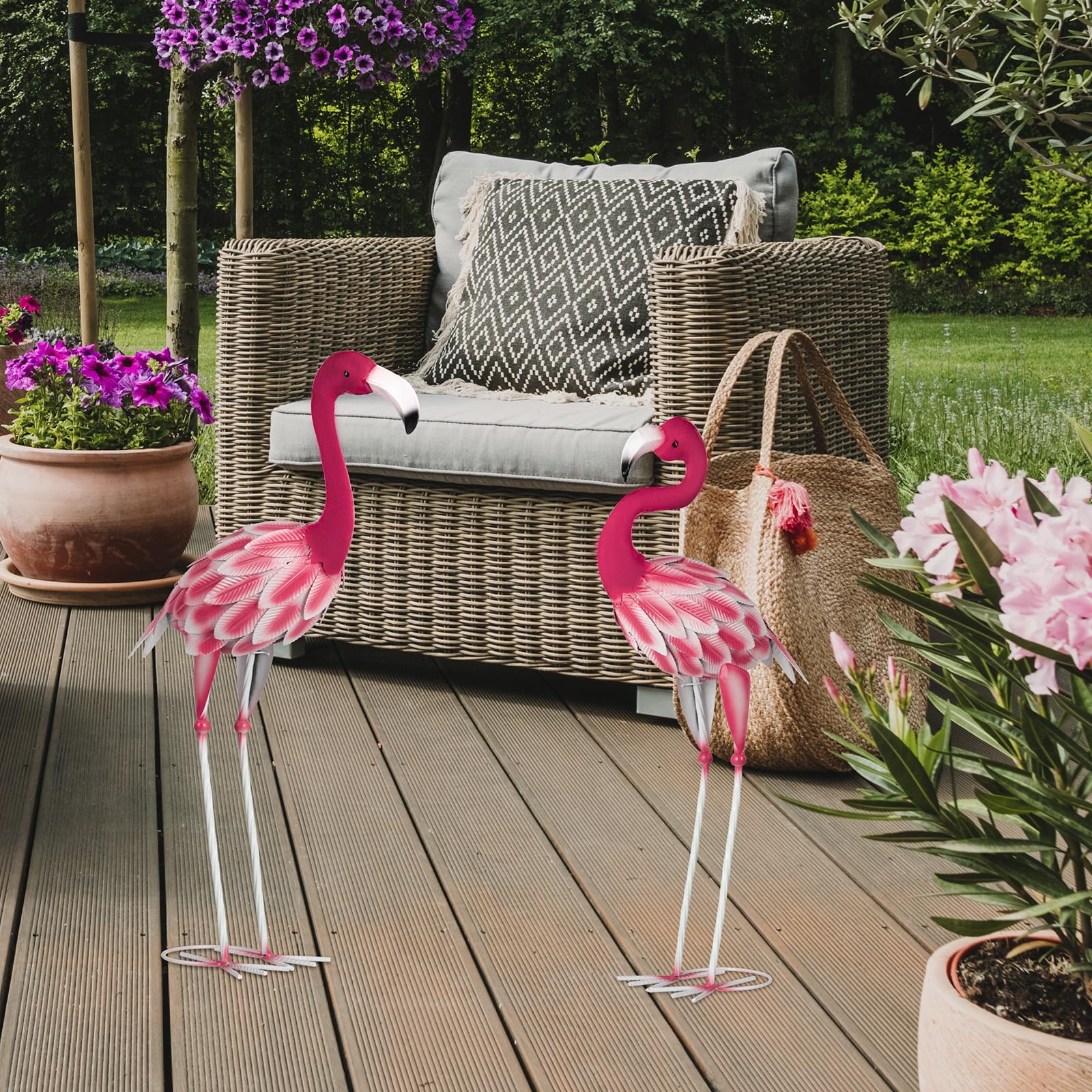Lot de 2 statues d'art flamant rose en métal - Sculptures de jardin pour l'extérieur, maison, terrasse, pelouse, arrière-cour