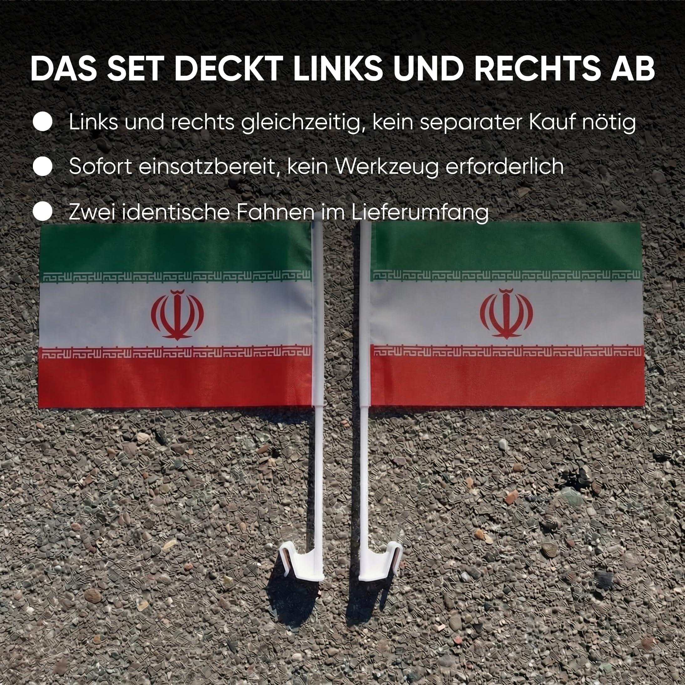 Auto Fahnen Iran Komplett Set - Motorhaubenfahne, 2 Autofahnen Fenster & 2 Außenspiegelfahnen, Fußball Fanartikel FZG für EM & WM, Iranische Flagge Fahrzeug Deko