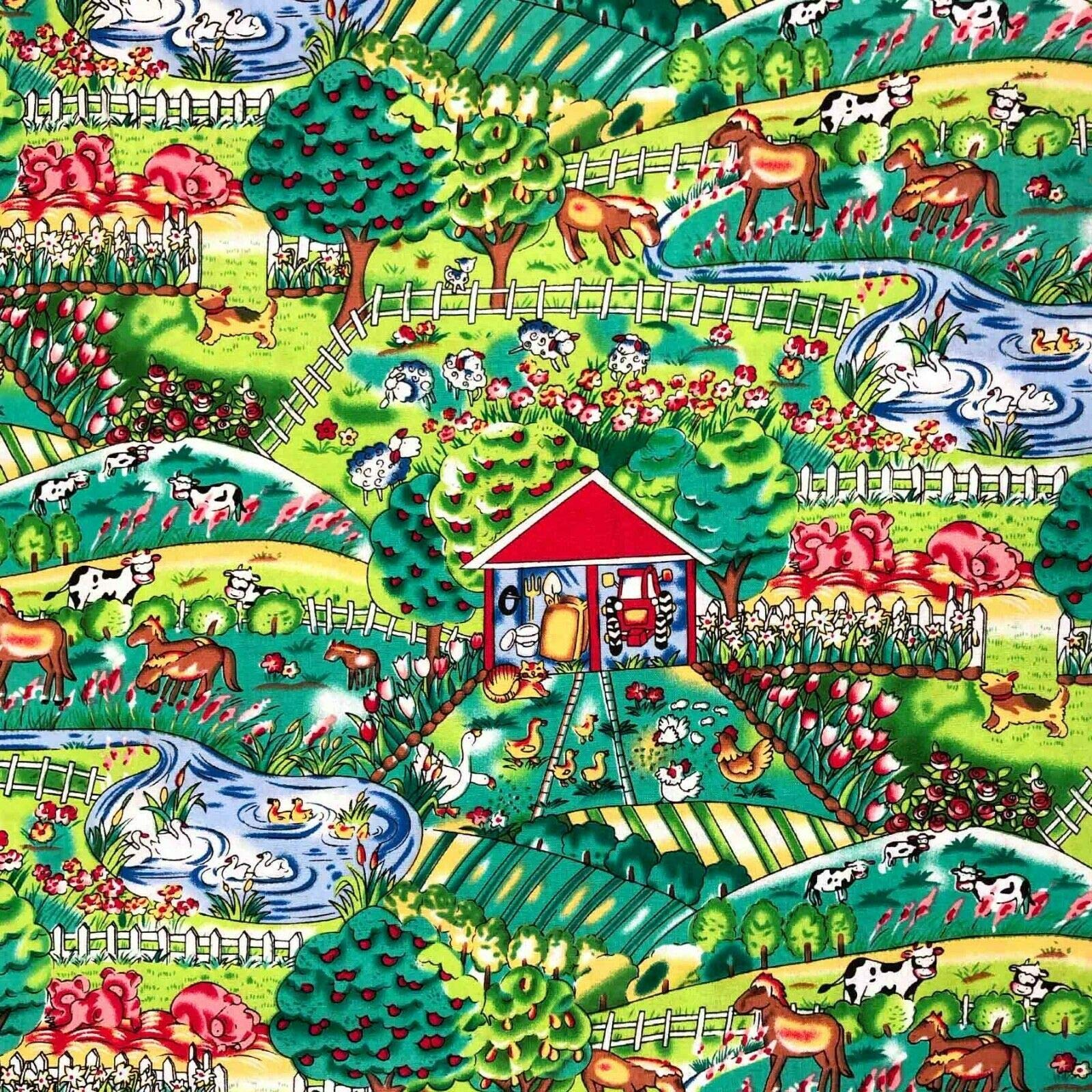 Fat Quarter Farmyard Cartoon Animals and Barn 100% Cotton Quilting Fabric