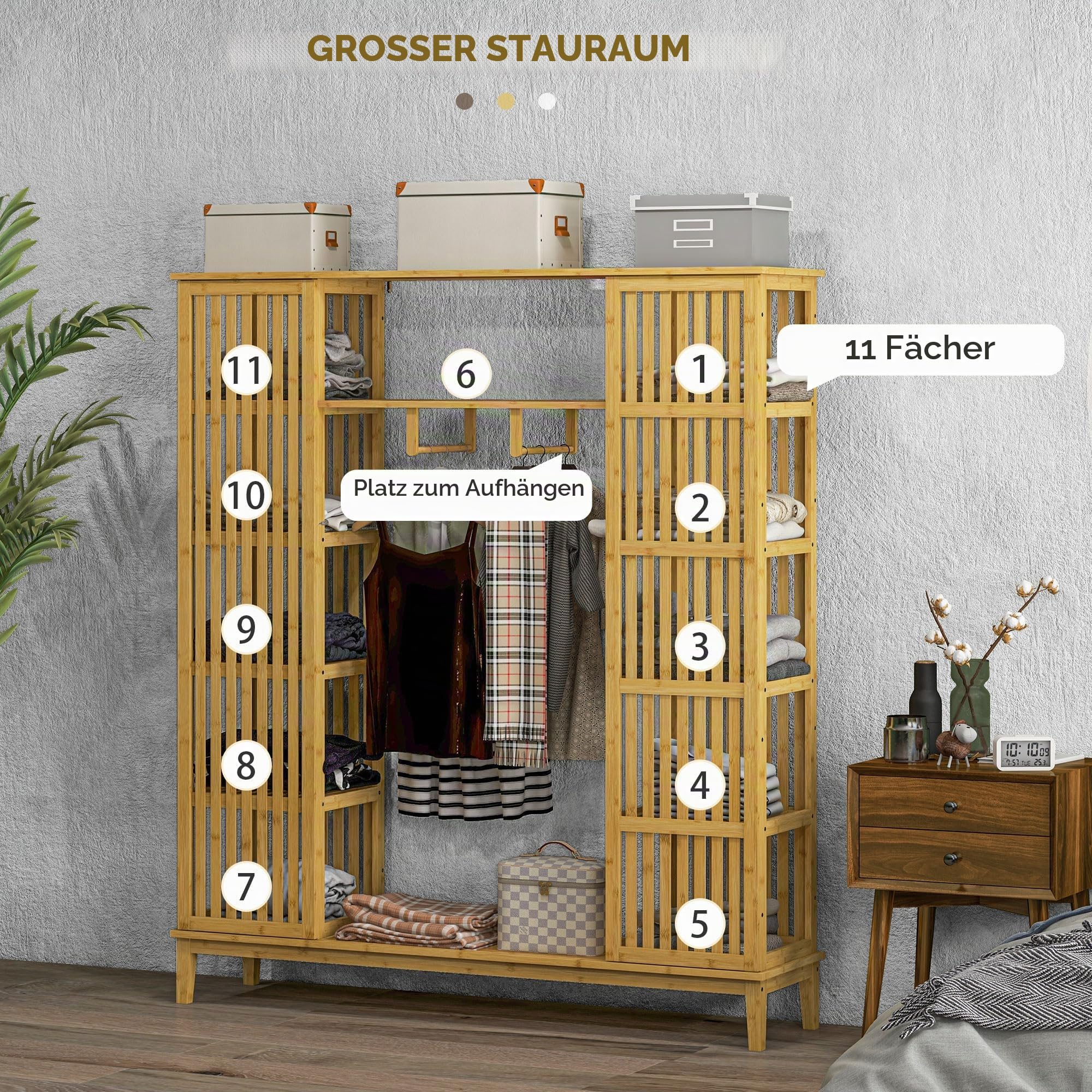 HOMCOM Kleiderschrank aus Bambus Aufbewahrungsschrank mit 2 Schiebetüren, offenen Regalen und Kleiderstange für das Schlafzimmer, 145 x 35 x 165cm, Naturholz-Finish