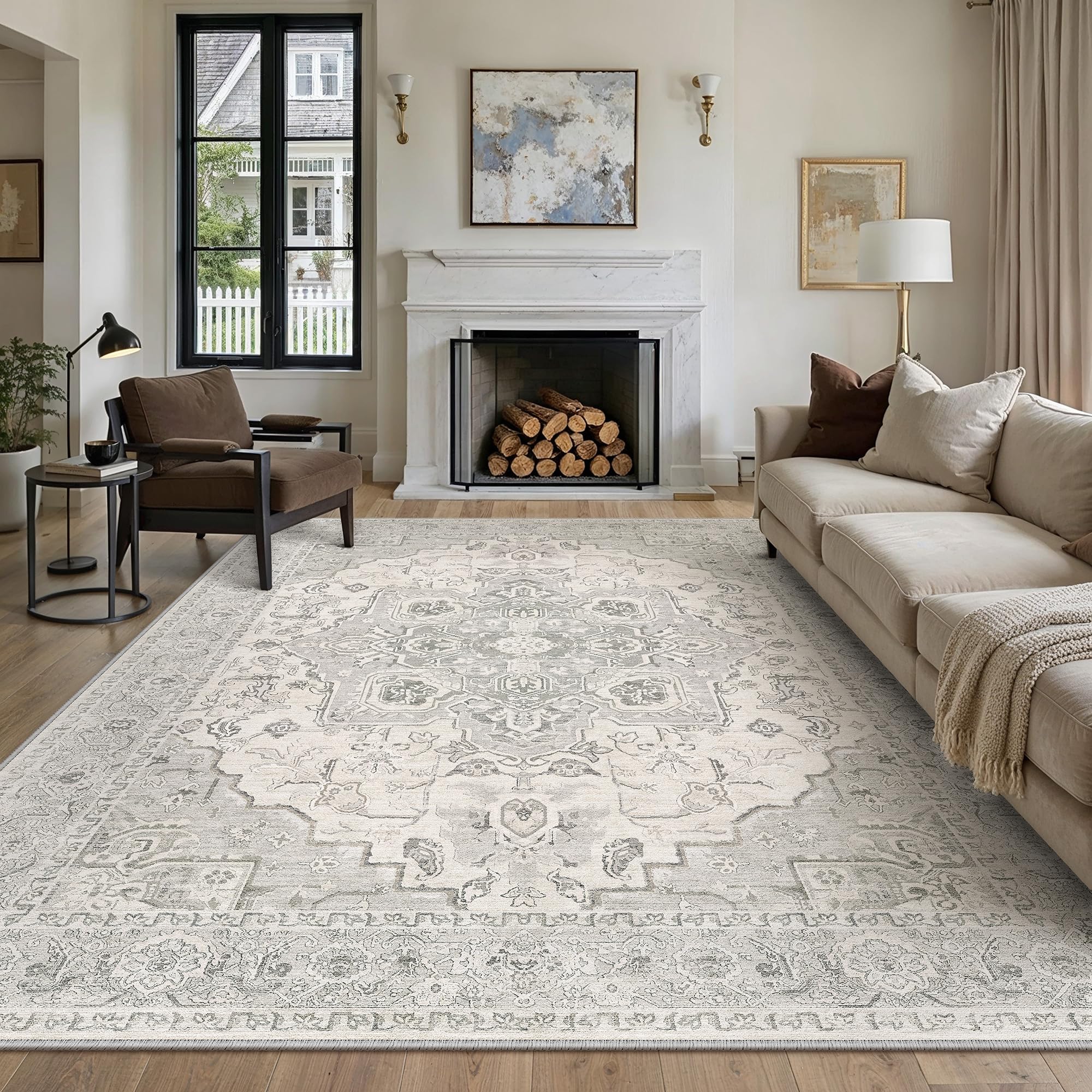 PureCozy Vintage Rugs Living Room Area Rug 200x300cm Washable Grey Large Bedroom Rugs Non Slip Soft Hall Lounge Office Dining Room Indoor Low Pile Carpet