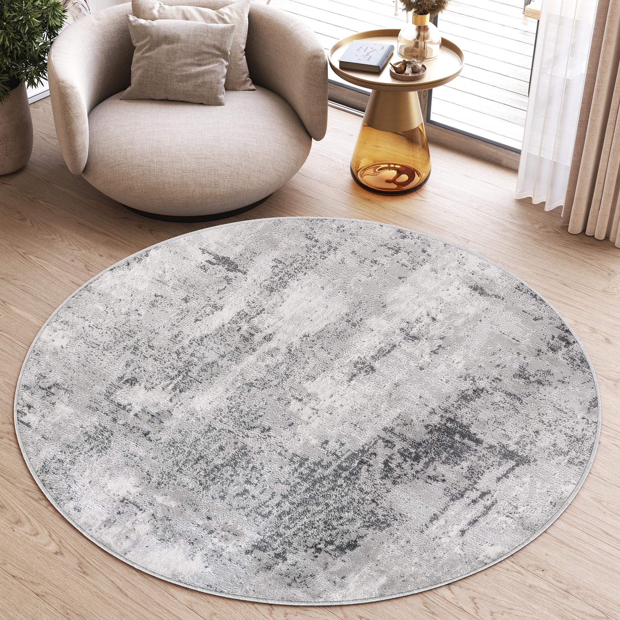TAPISO Sky Rond Tapis Poils Courts Vintage Gris Clair Crème Moucheté Rayures Tapis Salon Chambre Aspect 3D Oeko-TEX Résistant 240 x 240 cm