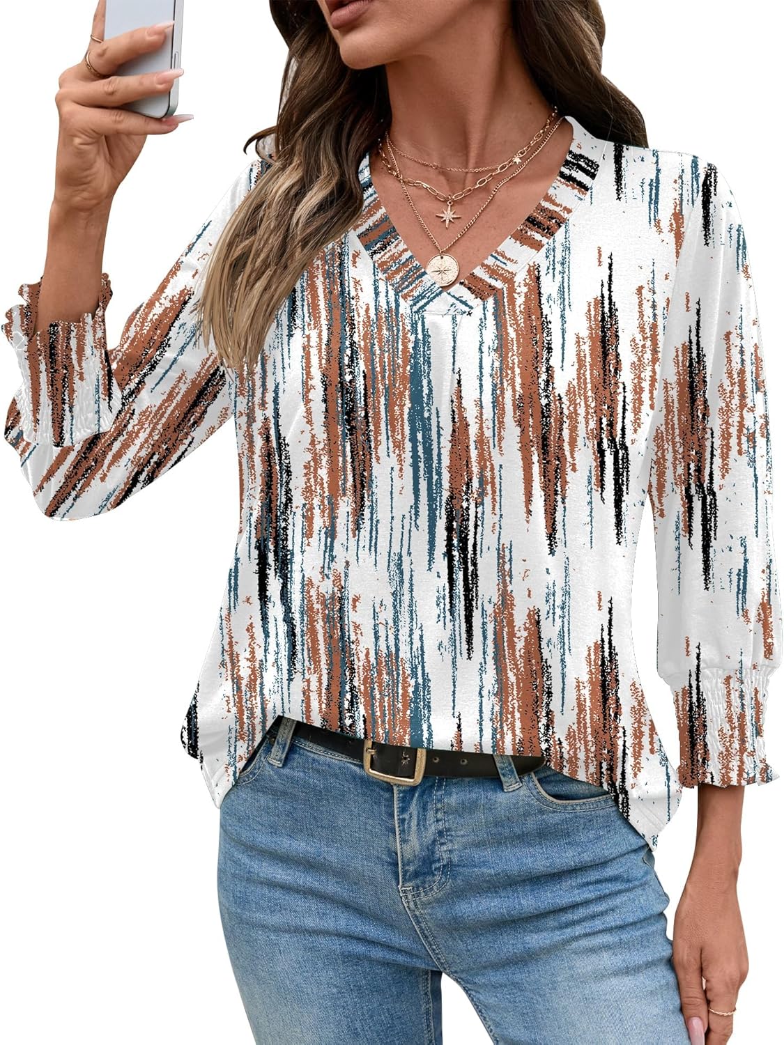 AKEWEI 3/4 Length Sleeve Womens Tops Summer Fashion V Neck Business Casual Blouses Smocked Shirts - Image 2