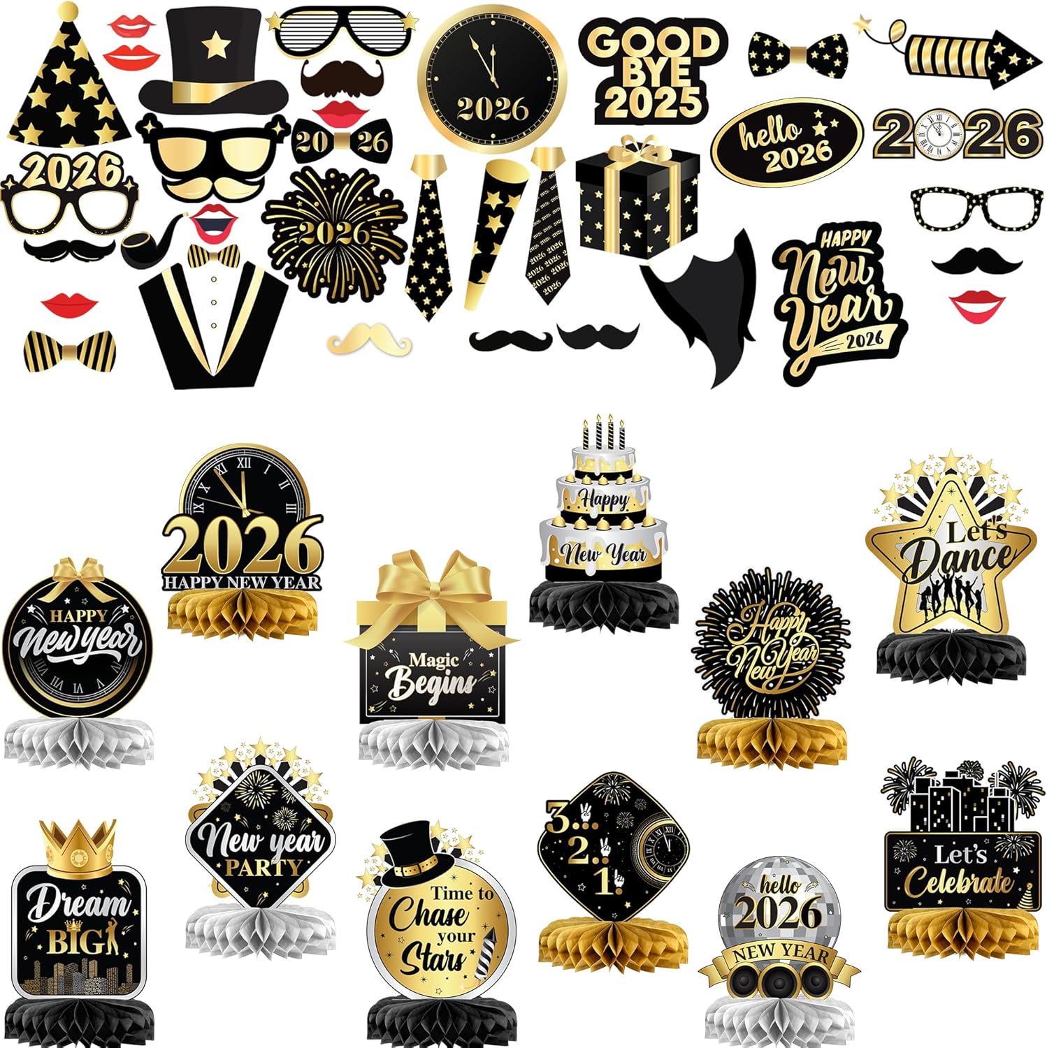 KatchOn, Pack of 47, New Years Centerpieces for Tables | New Year Table Decorations 2026 with New Years Photo Booth Props 2026 New Year Eve Photo Booth Props | NYE 2026 Decorations