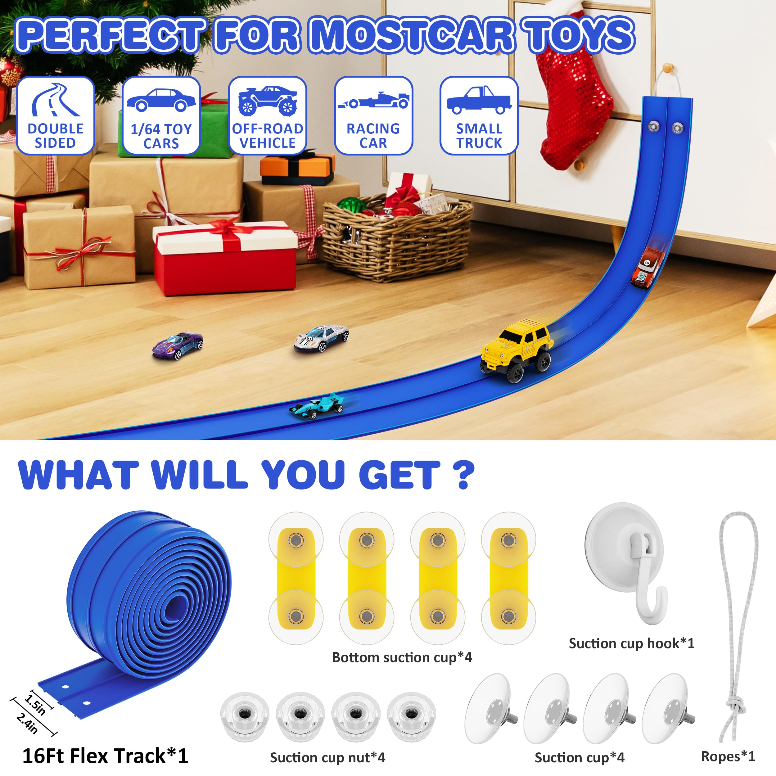 Rampa flexible de 16 pies para niños de juguete con ventosas, compatible con autos fundidos a presión 1/64, carreras, portátil, regalos de fiesta para niños de 3 a 10 años (azul carrera) 4
