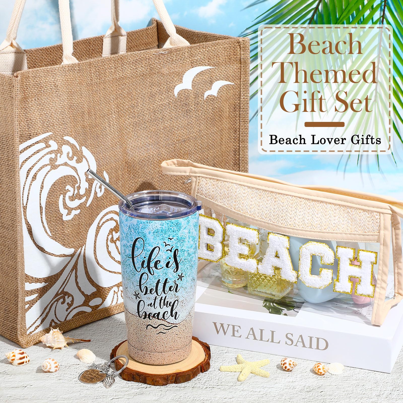 6 Pcs Beach Gifts for Women Set Beach Theme Gift Set Burlap Tote Bags Cosmetic Bag 20 oz Tumbler Keychain for Birthday Holiday Travel Wedding Bridal Shower Bride Bridesmaid Honeymoon(Classic)