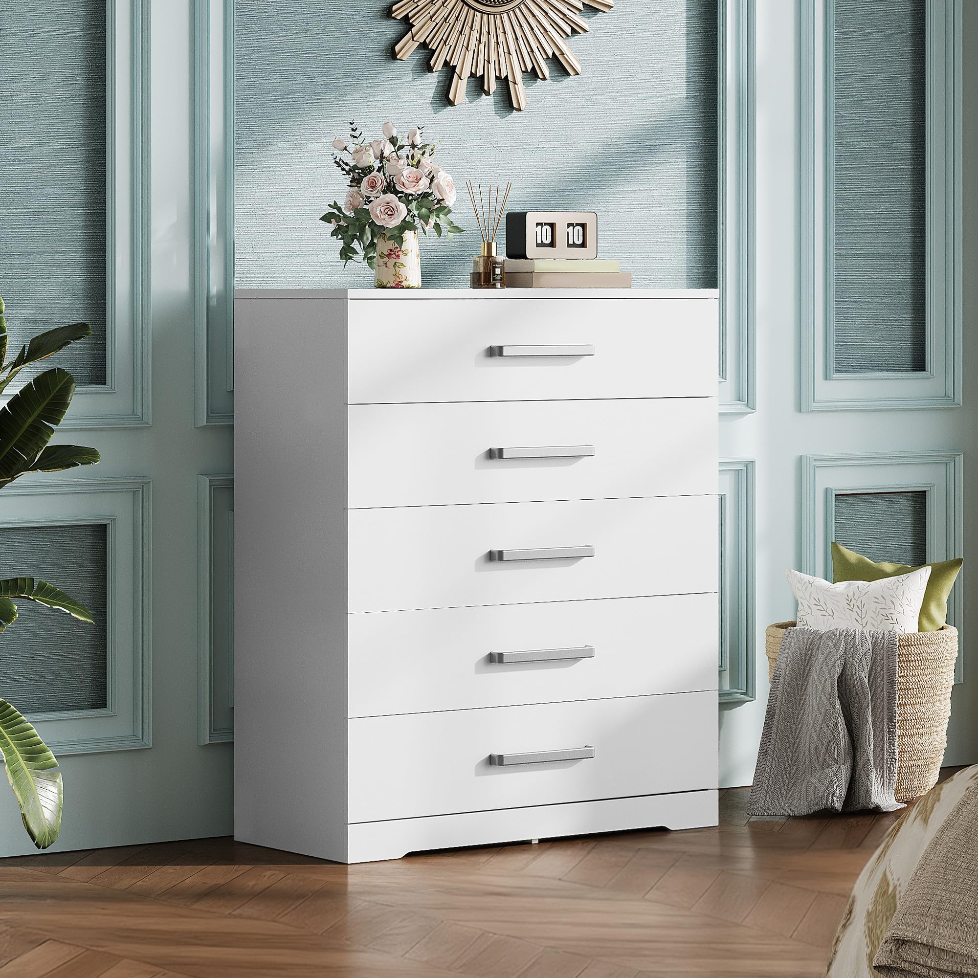 WLIVE Sideboard & Kommode mit 5 Schubladen, Metallgriffen & Metallschienen, Moderner Aufbewahrungsschrank für Schlafzimmer, Kinderzimmer, Schrankraum, Weiß