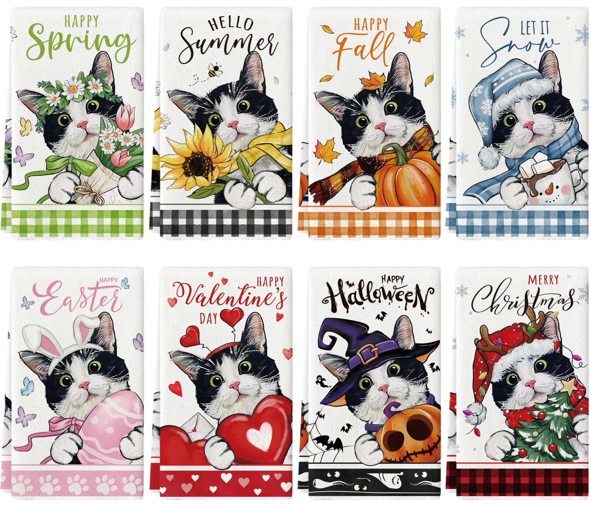 maiiooliwe 8 Pcs Cute Cat Kitchen Towels Seasonal Holiday Dish Towels for Kitchen, Spring Summer Fall Winter Absorbent Dishcloths Halloween Christmas