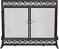 Plow & Hearth Scrollwork Black Wrought Iron Fireplace Screen 38x31 - Dual Magnetic Hinged Doors Spark Guard