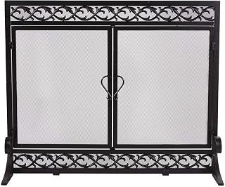 Plow & Hearth Scrollwork Black Wrought Iron Fireplace Screen 38x31 - Dual Magnetic Hinged Doors Spark Guard