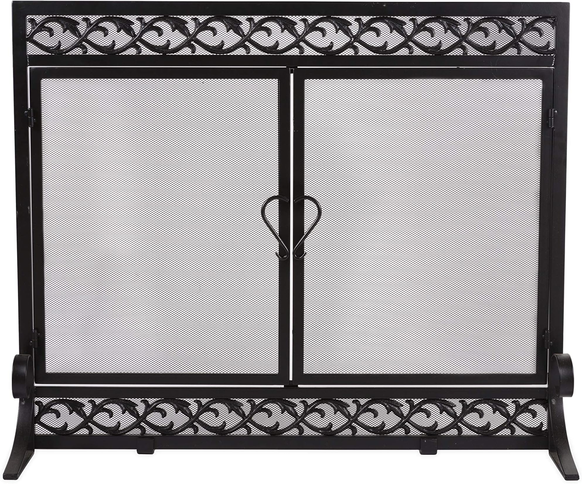 Plow & Hearth Metal Fireplace Screen Scrollwork Black | 38" W x 31" H | Dual Magnetic Hinged Doors | Spark Guard Cover | Stand Alone Wrought Iron Panel Fire Place Cover
