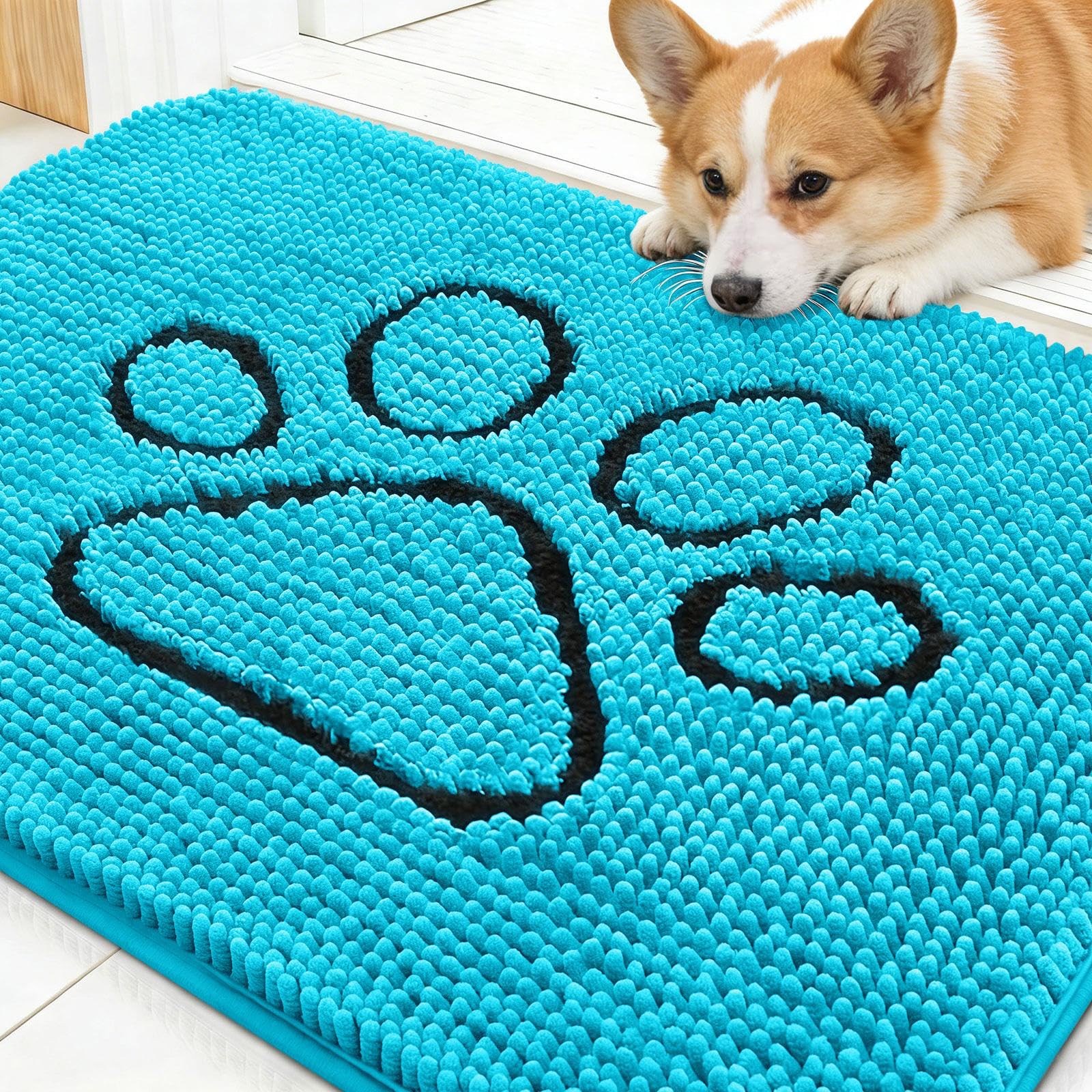 OLANLY Dog Door Mat for Muddy Paws 30x20, Paw Print Design Chenille Mud Mat