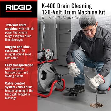 RIDGID 26998 Model K-400 Drain Cleaning 120-Volt Drum Machine Kit with C-45IW 1/2 x 75' Cable, White, Black, Red