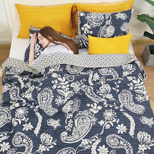 PHF Juego de edredón de 100 % algodón, tamaño individual, 2 piezas prelavadas, ligera, estilo bohemio, cachemira, caída muy bien, extra suave, 1