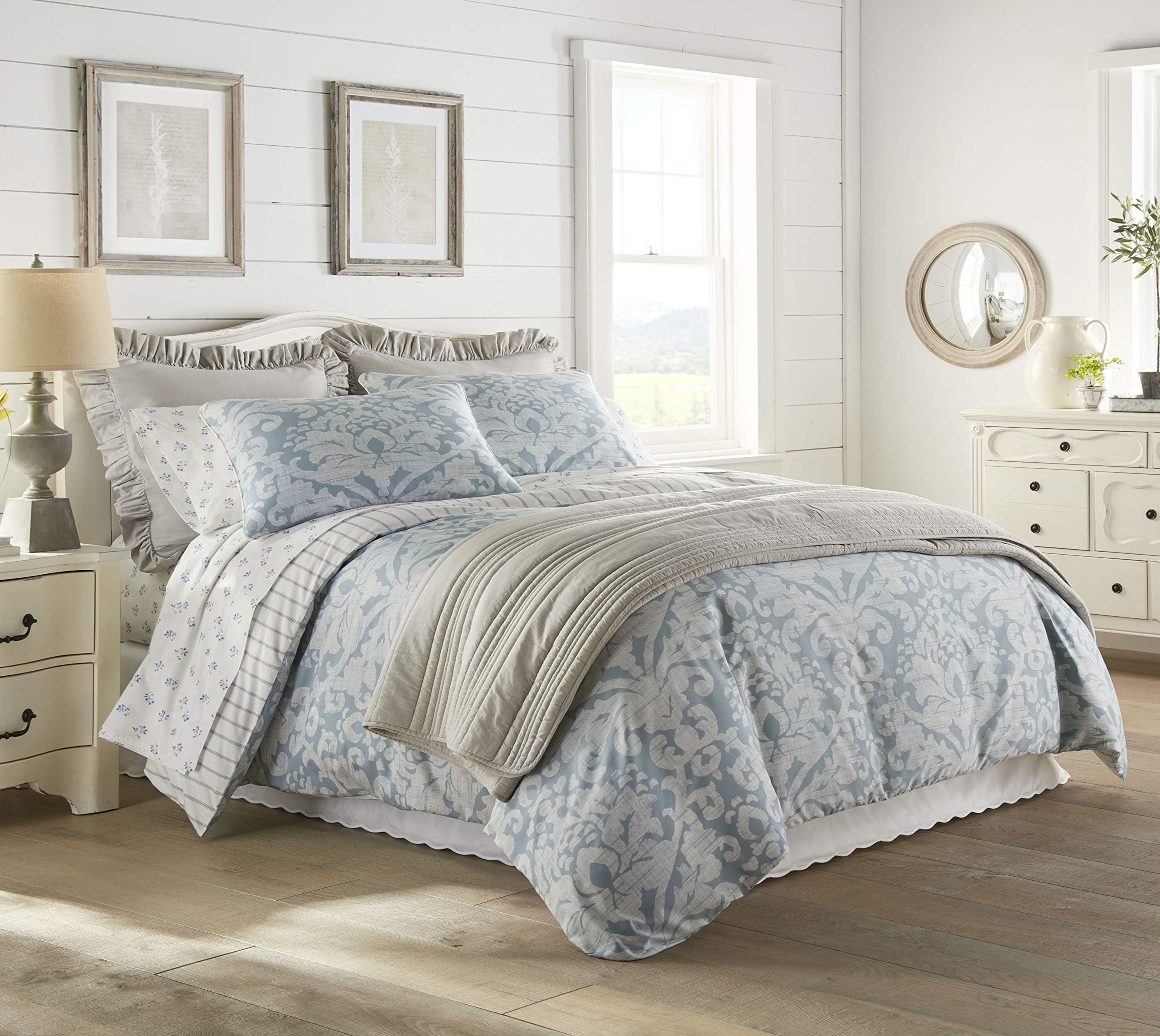 Stone Cottage - King Comforter Set, Reversible Cotton Sateen Bedding with Matching Shams, All Season Home Decor (Camden Blue, King)