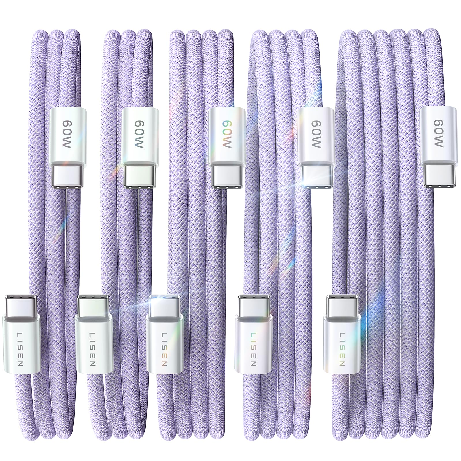 LISEN USB C Cable, 5-Pack [3.3/3.3/6.6/6.6/10FT] USBC to USBC Cable for iPhone 16e 15 Pro Max Charger Cord, 60W (3.1A) C to C Cable Fast Charging for Samsung S25/S24/23, Switch 2, iPad, MacBook,Purple 3.3+3.3+6.6+6.6+10FT Purple 5