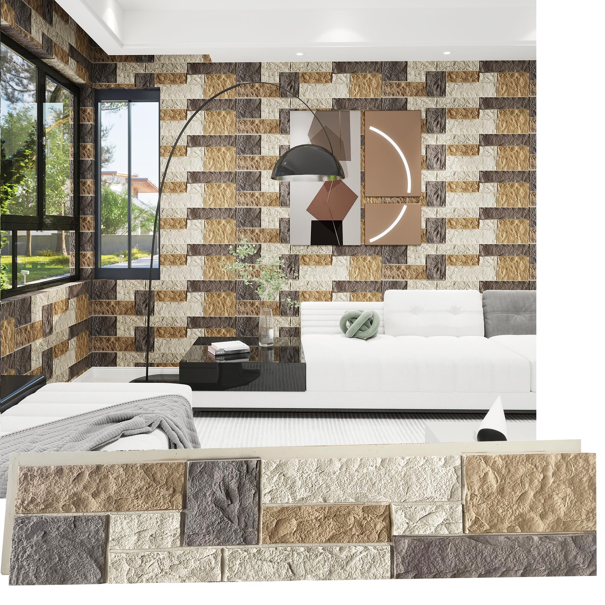 KASARO PU Faux Brick Wall Panels, 2 Pieces 3D Wainscoting Panel Accent for Interior Or Exterior Decor, 47.2 × 11.8 inch, Neutral Brown White