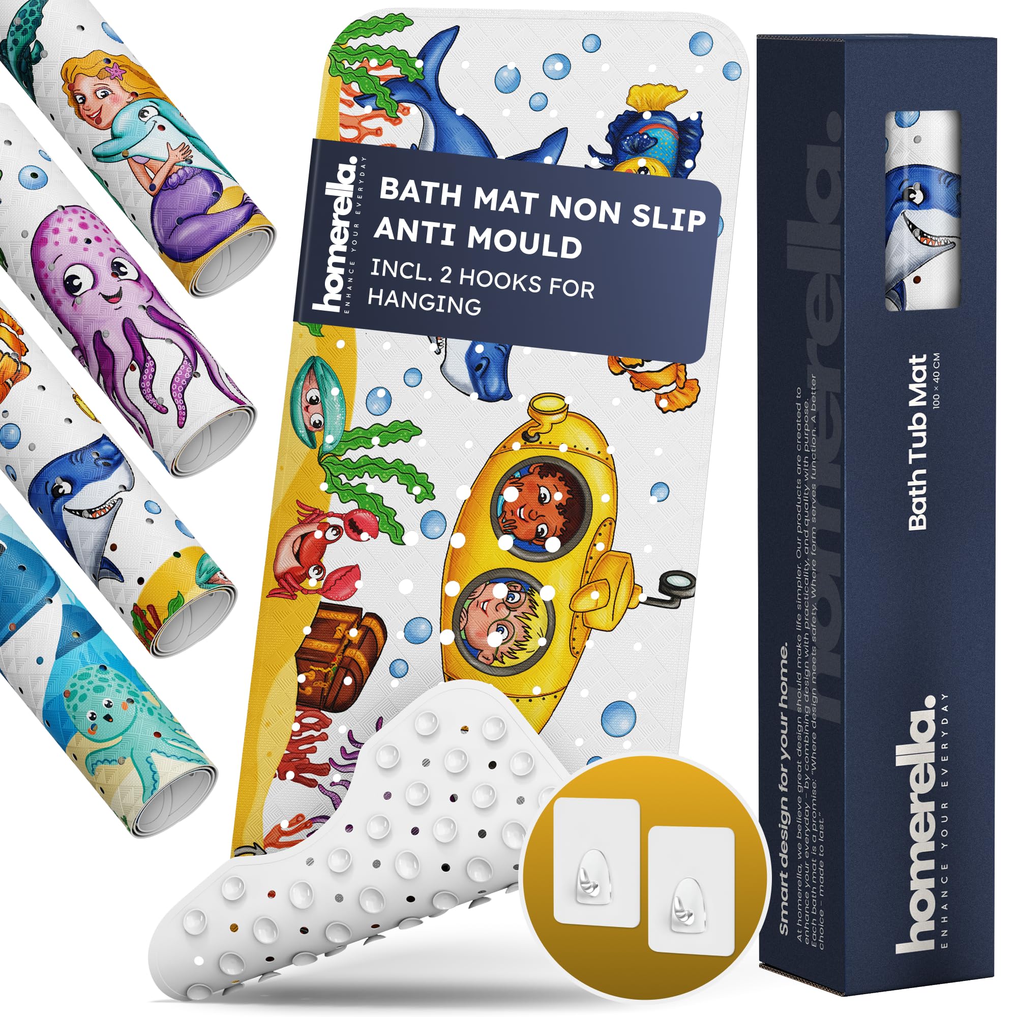Homerella Submarine Bath Mat Non Slip Anti Mould Kids 100X40cm Incl. 2 Hooks - Anti Slip Bathtub Mat Machine Washable, Bpa Free, Toddler Non Slip Bath Mat For Inside Bath Tub - Piratenschatz