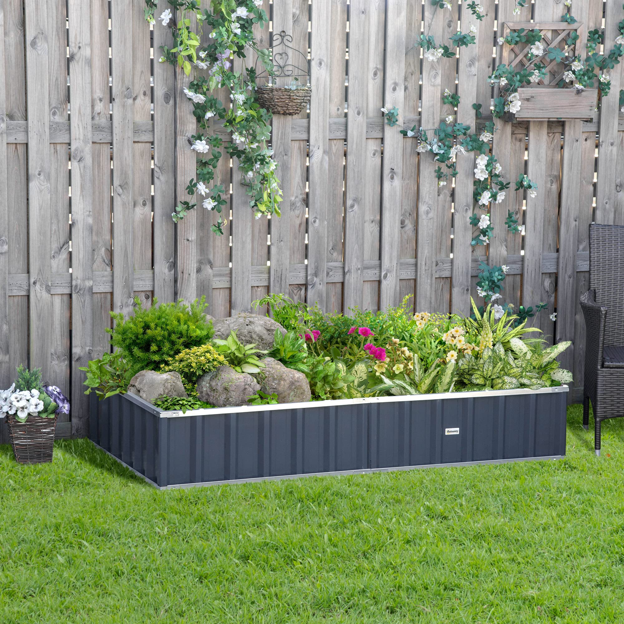 Outsunny Huerto Urbano Arriate de Jardín de Acero 174x90x30 cm Gris | Incluye Guantes; Jardinera Rectangular para Cultivos, Plantas y Flores en Terraza o Balcón